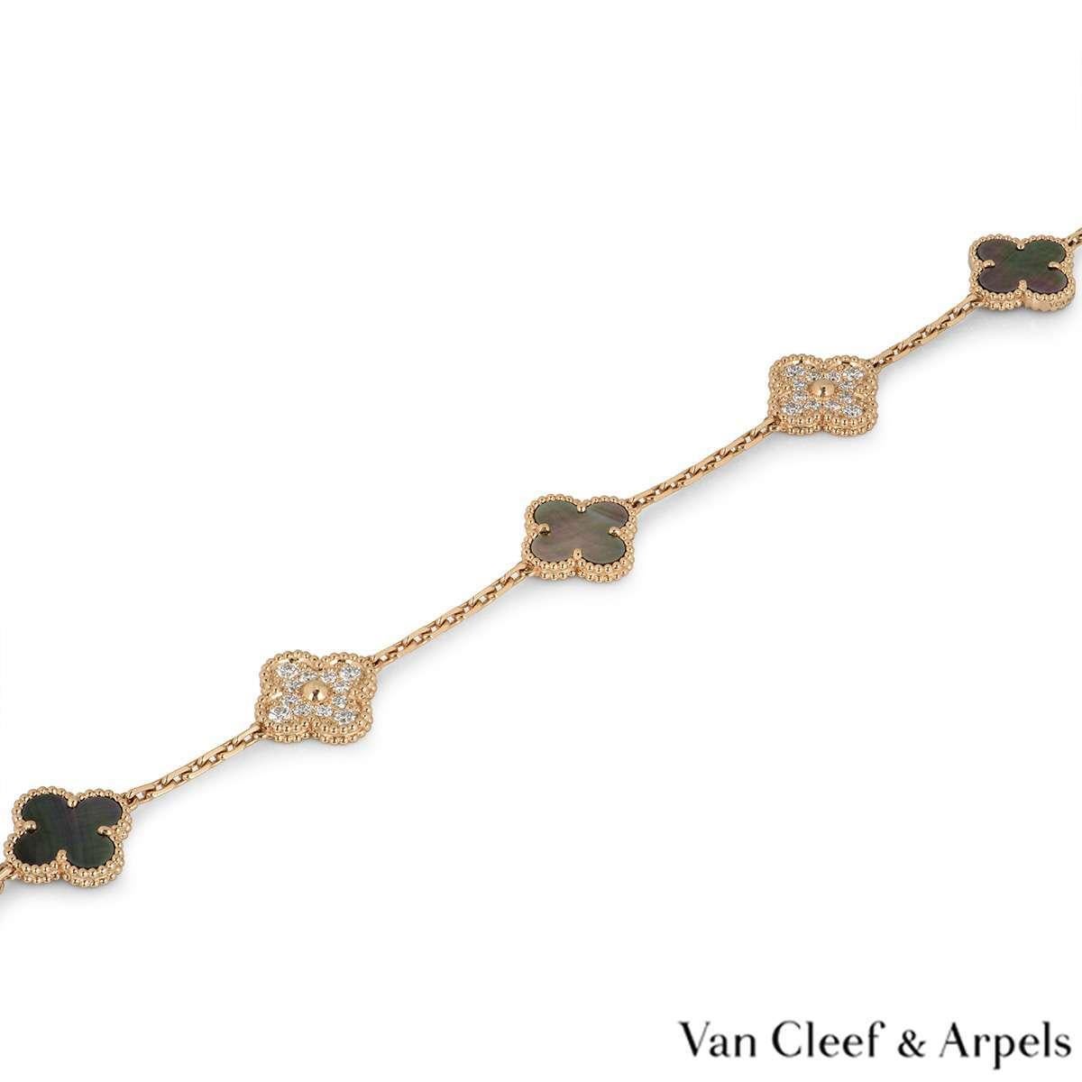 An 18k rose gold bracelet from the Vintage Alhambra collection by Van Cleef and Arpels. The bracelet is made up of 5 iconic clover motifs, three are set with grey mother of pearl and two are set with round brilliant cut diamonds totalling 0.96ct.