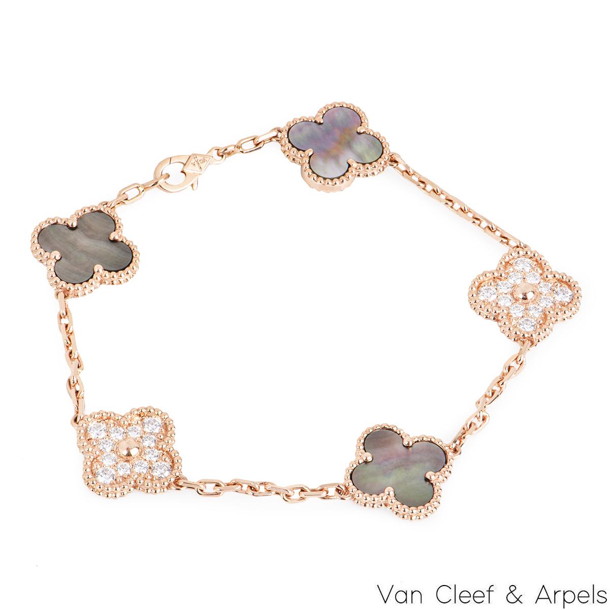 A timeless 18k rose gold bracelet from the Vintage Alhambra collection by Van Cleef and Arpels. The bracelet is made up of 5 iconic clover motifs, three are set with grey mother of pearl inlays and two are pave set with round brilliant cut diamonds