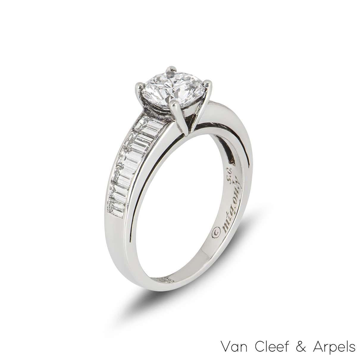 A stunning single stone diamond ring in platinum by Van Cleef and Arpels. The ring is set to the centre with a round brilliant cut diamond in a four claw setting weighing 1.03ct, it is D-E in colour and VS in clarity. The centre stone is