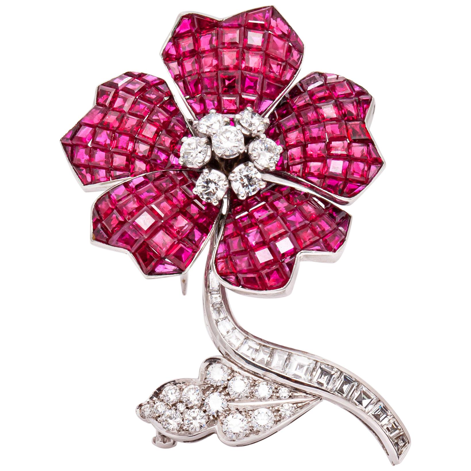 Van Cleef & Arpels Invisible-set Ruby and Diamond Flower Brooch