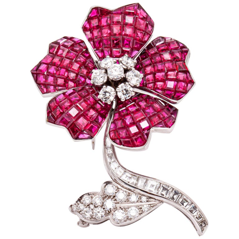Van Cleef and Arpels Invisible-set Ruby and Diamond Flower Brooch