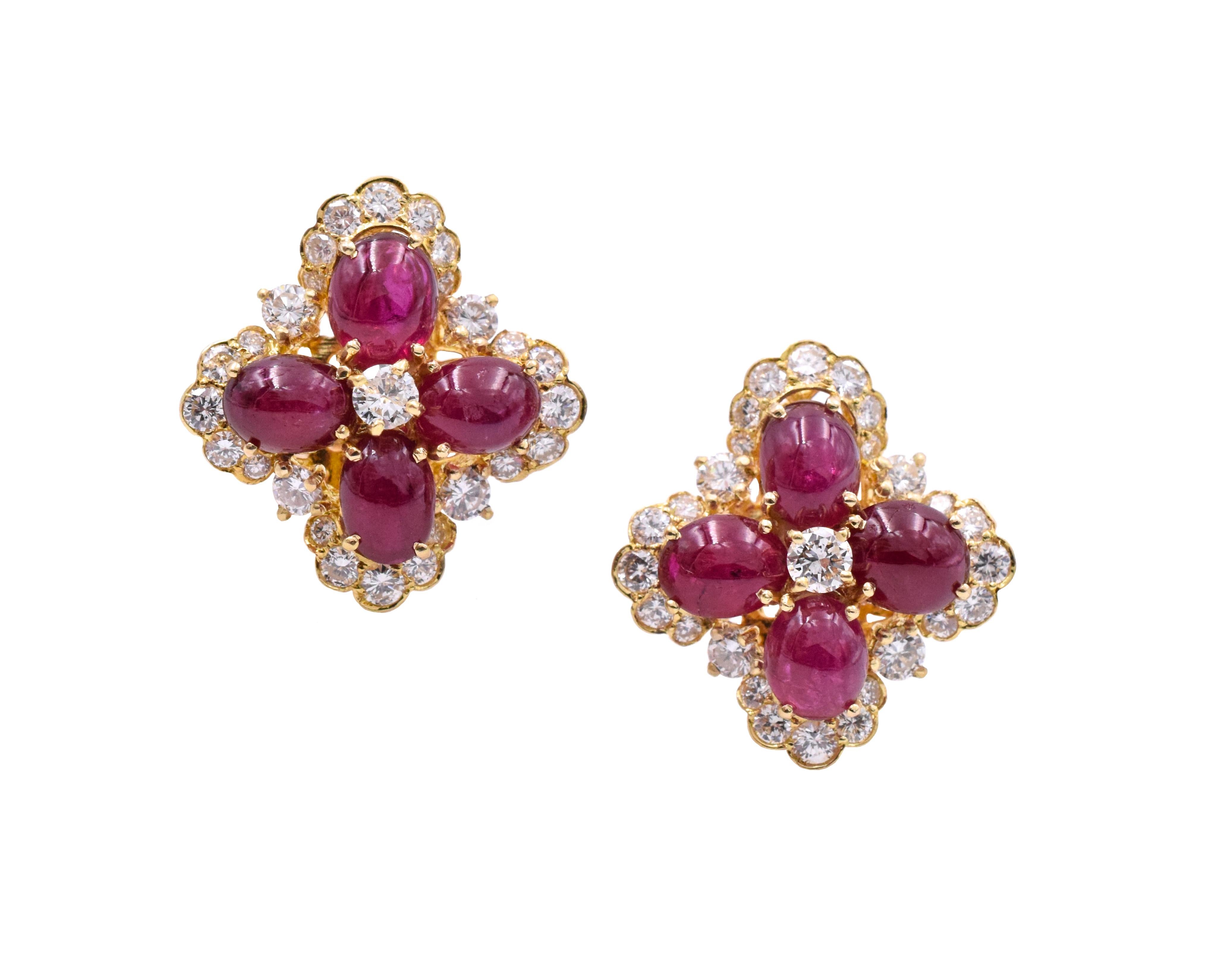 Van Cleef and Arpels Ruby and Diamond Earings. This pair of earrings are designed as a cabochon ruby flower, enhanced by 54 circular-cut diamonds 
Weight of the diamonds approximately is 1.60 carats   set in 18k yellow gold. 
The earring's