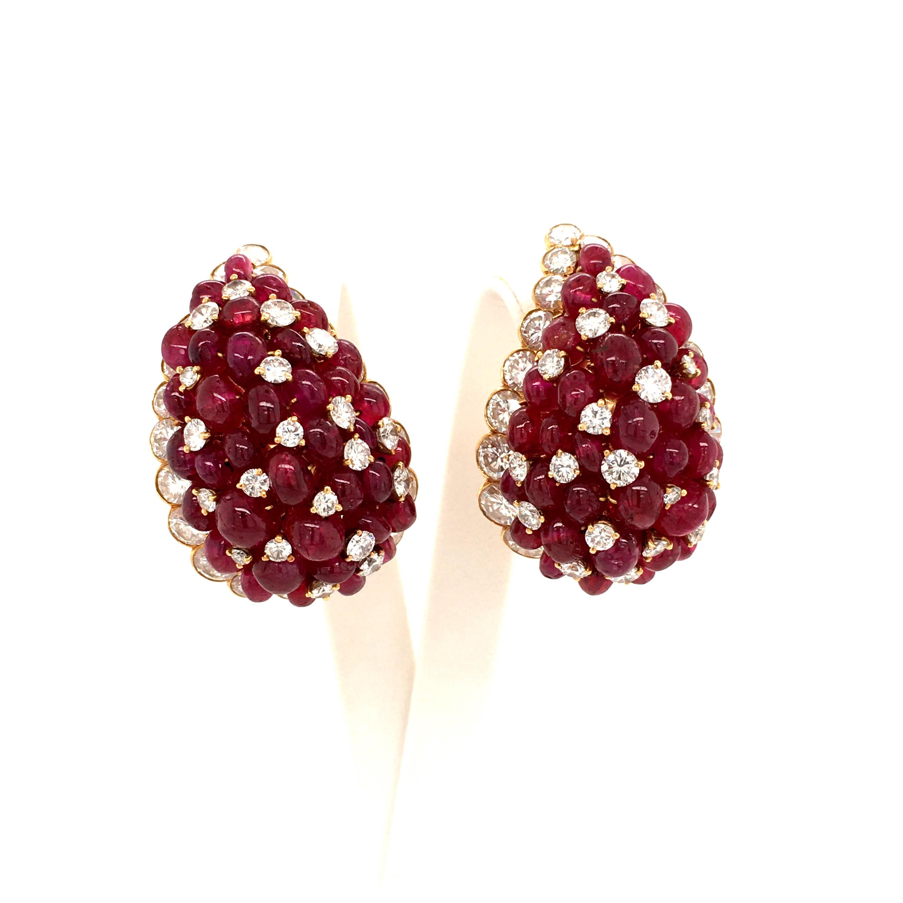 Modern Van Cleef & Arpels Ruby and Diamond Ear Clips in Yellow Gold 750