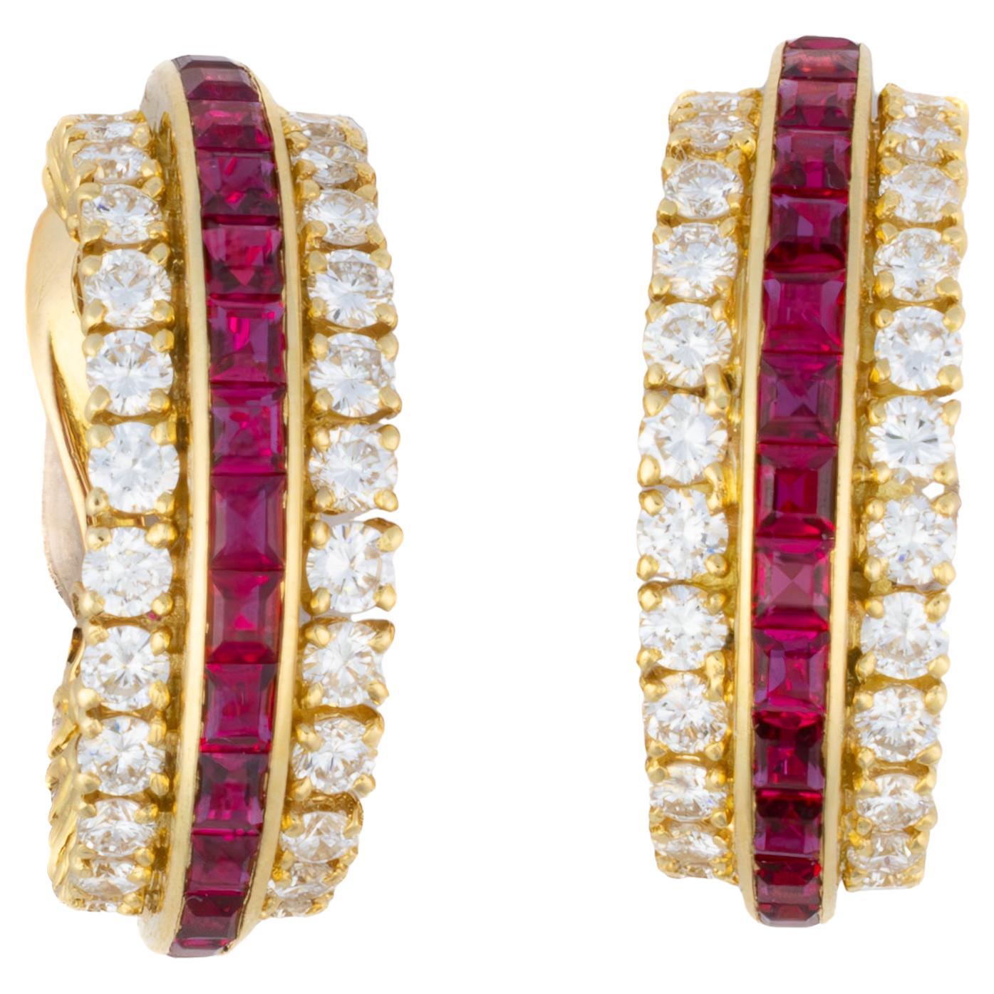 Van Cleef & Arpels Ruby and Diamond Gazelle Hoop Earrings For Sale