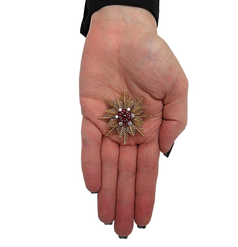 Cabochon Van Cleef & Arpels Ruby and Diamond Snowflake Brooch Pin Circa 1940  For Sale