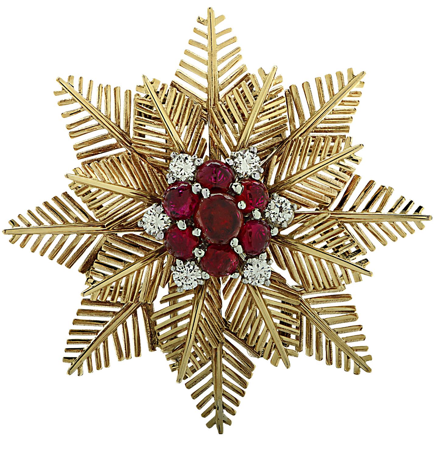 Modern Van Cleef & Arpels Ruby and Diamond Snowflake Brooch Pin Circa 1940 