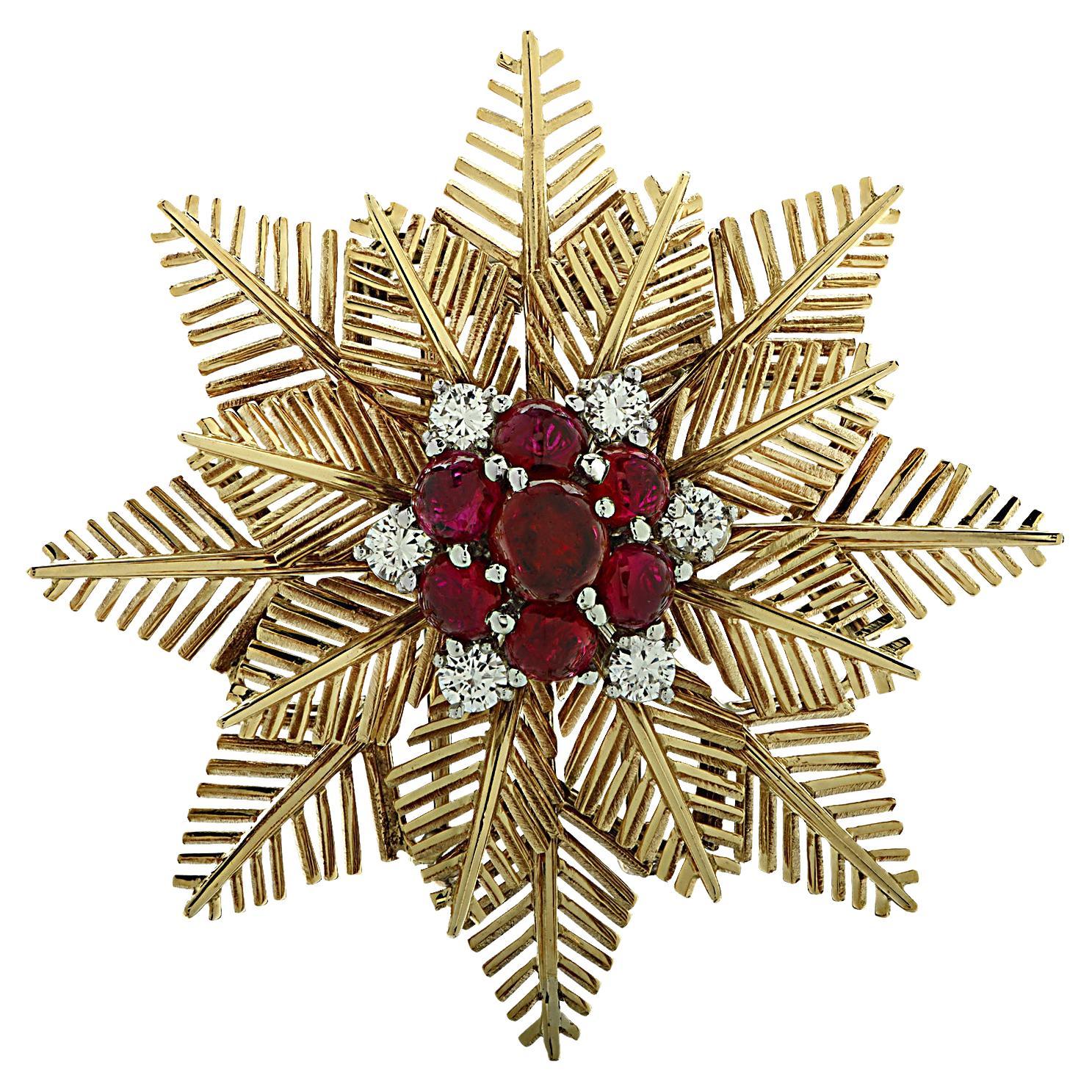 Van Cleef & Arpels Ruby and Diamond Snowflake Brooch Pin Circa 1940 