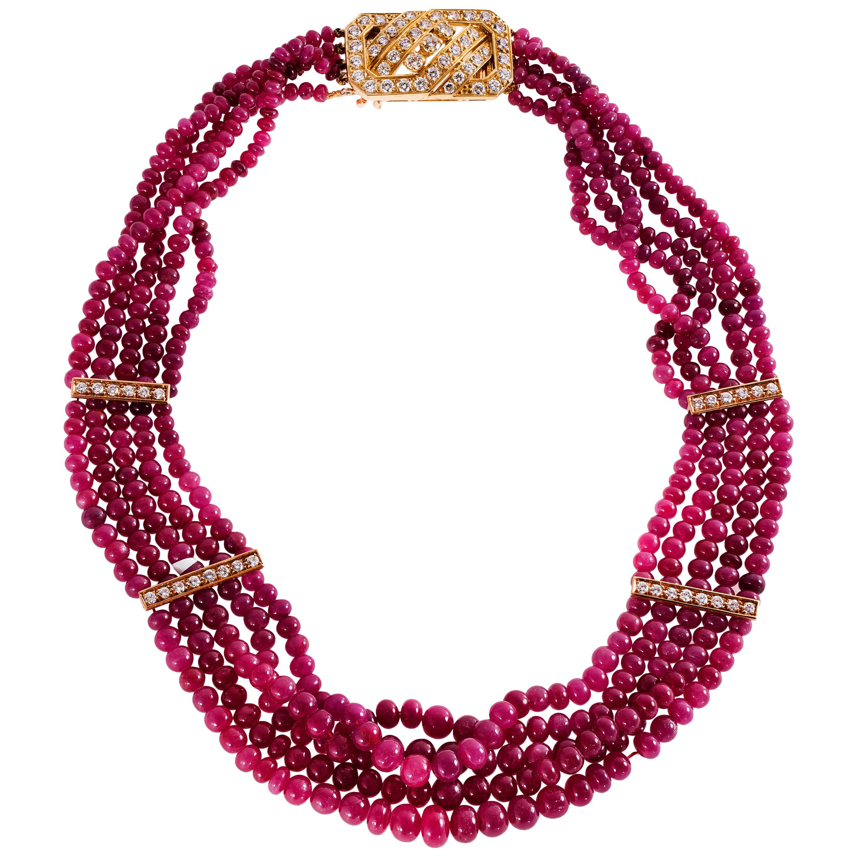 Van Cleef & Arpels Ruby Bead Necklace with 18ky Gold and 3.00 Carat of Diamonds