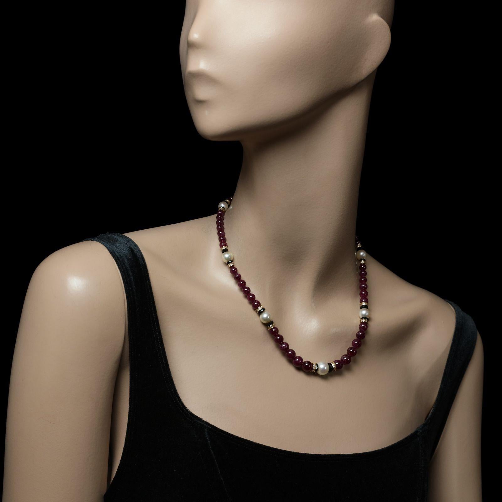 Women's or Men's Van Cleef & Arpels Ruby Bead Necklace with Pearls Onyx and Diamonds in 18ct Gold