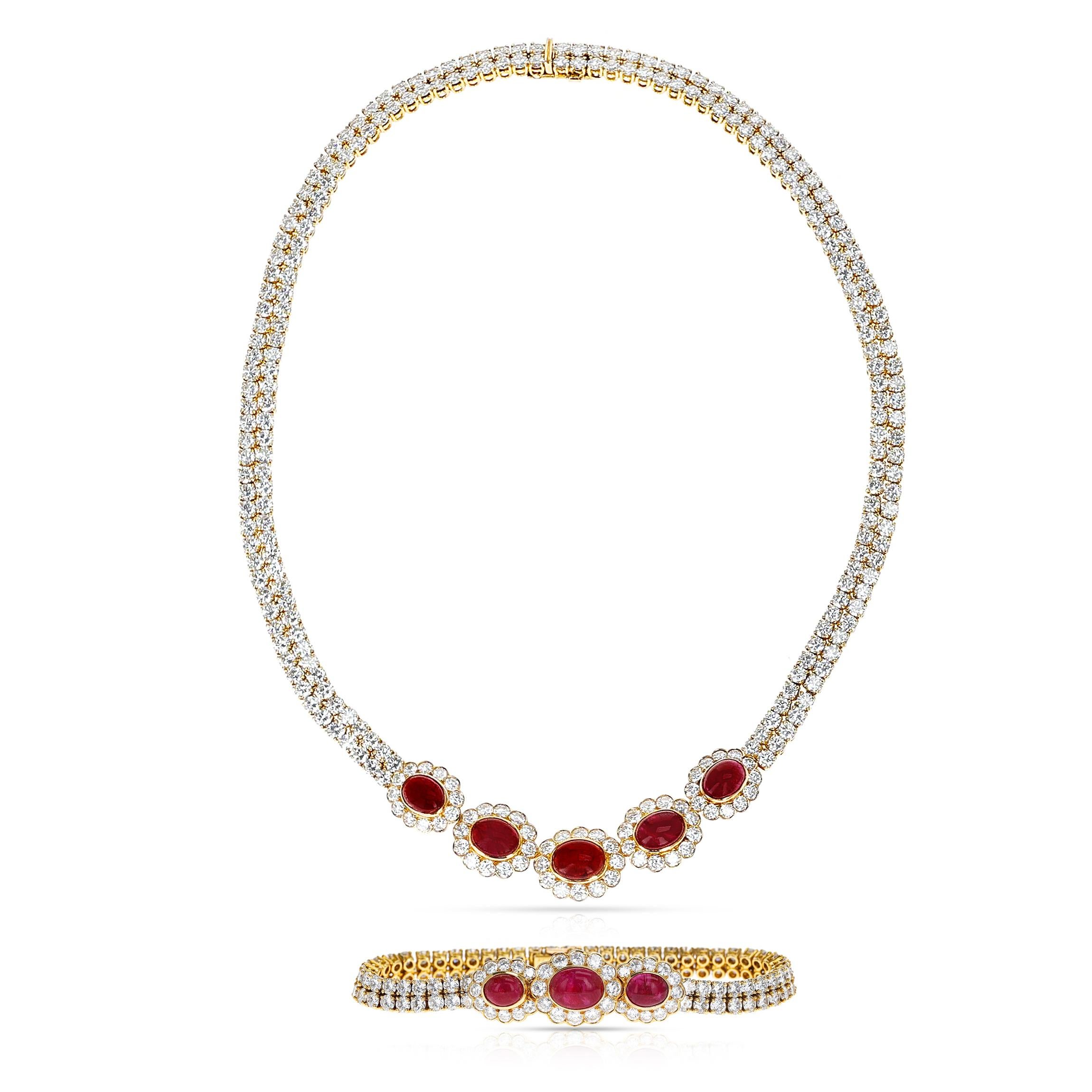 Van Cleef & Arpels Ruby Cabochon and Diamond Bracelet and Necklace Set, 18k For Sale 3