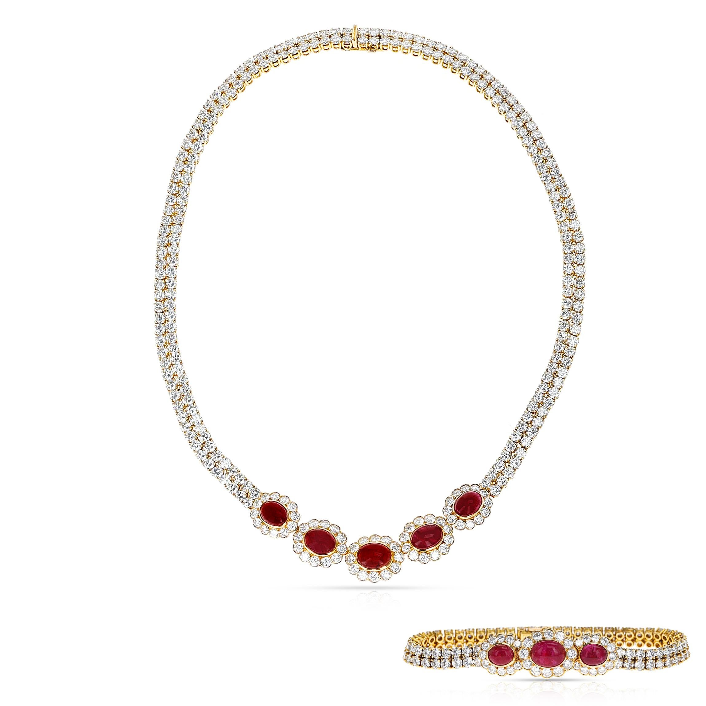 Van Cleef & Arpels Ruby Cabochon and Diamond Bracelet and Necklace Set, 18k For Sale 4