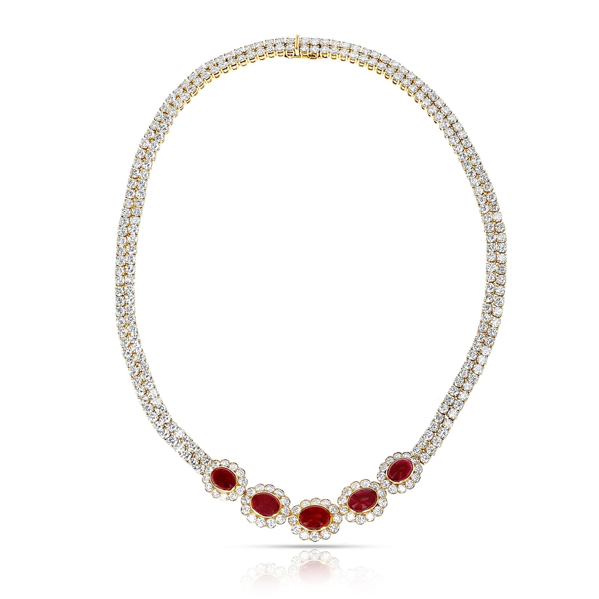 Van Cleef & Arpels Ruby Cabochon and Diamond Bracelet and Necklace Set, 18k For Sale 5