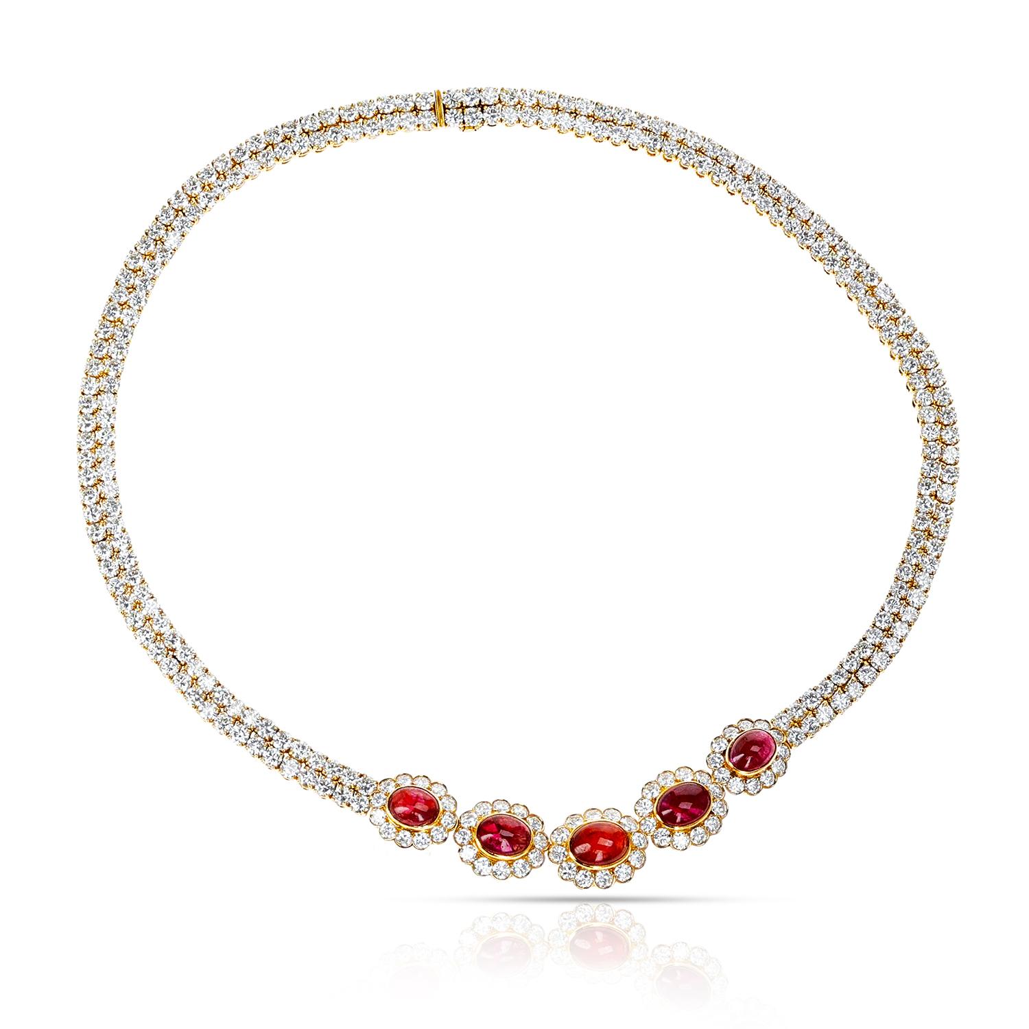 A royal Van Cleef & Arpels Ruby Cabochon and Diamond Bracelet and Necklace Set made in 18k Yellow Gold. The diamond weight is appx. 40 carats. The total weight is appx. 73 grams.


900-YUDFTJAJ