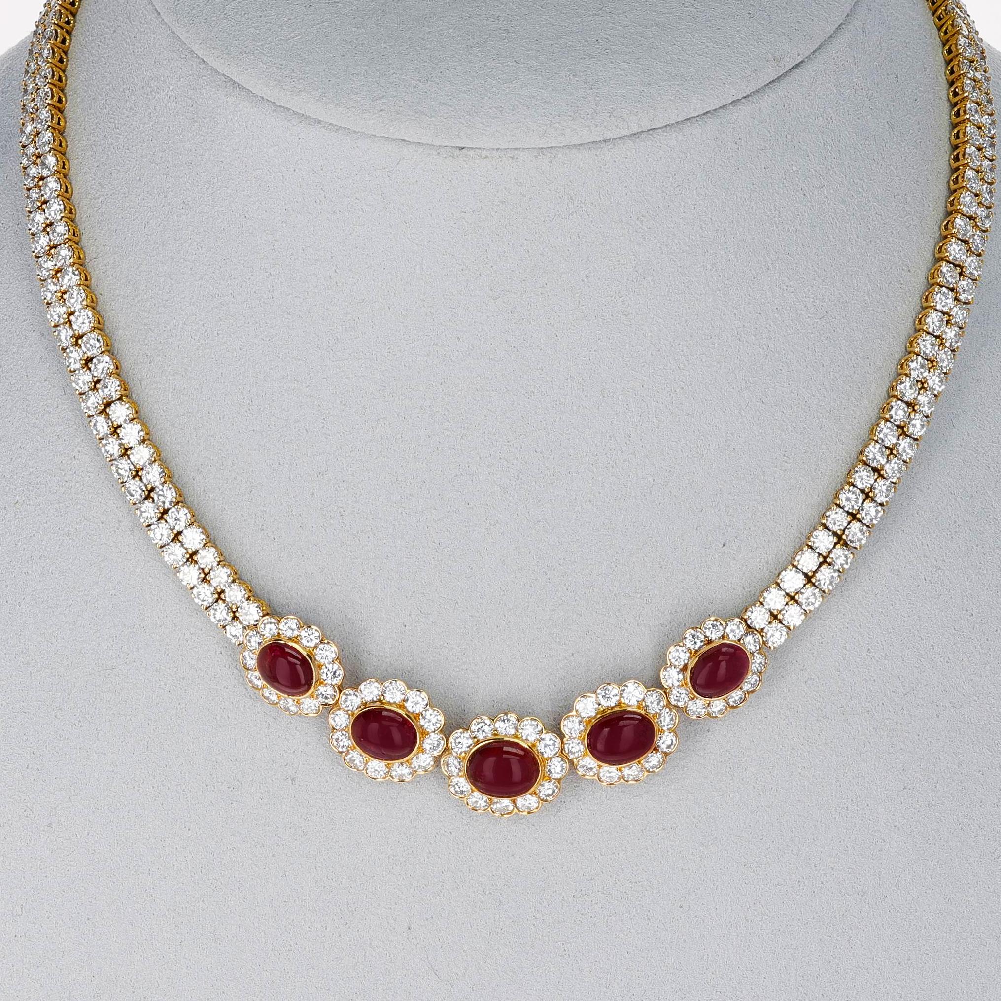 Van Cleef & Arpels Ruby Cabochon and Diamond Bracelet and Necklace Set, 18k For Sale 1