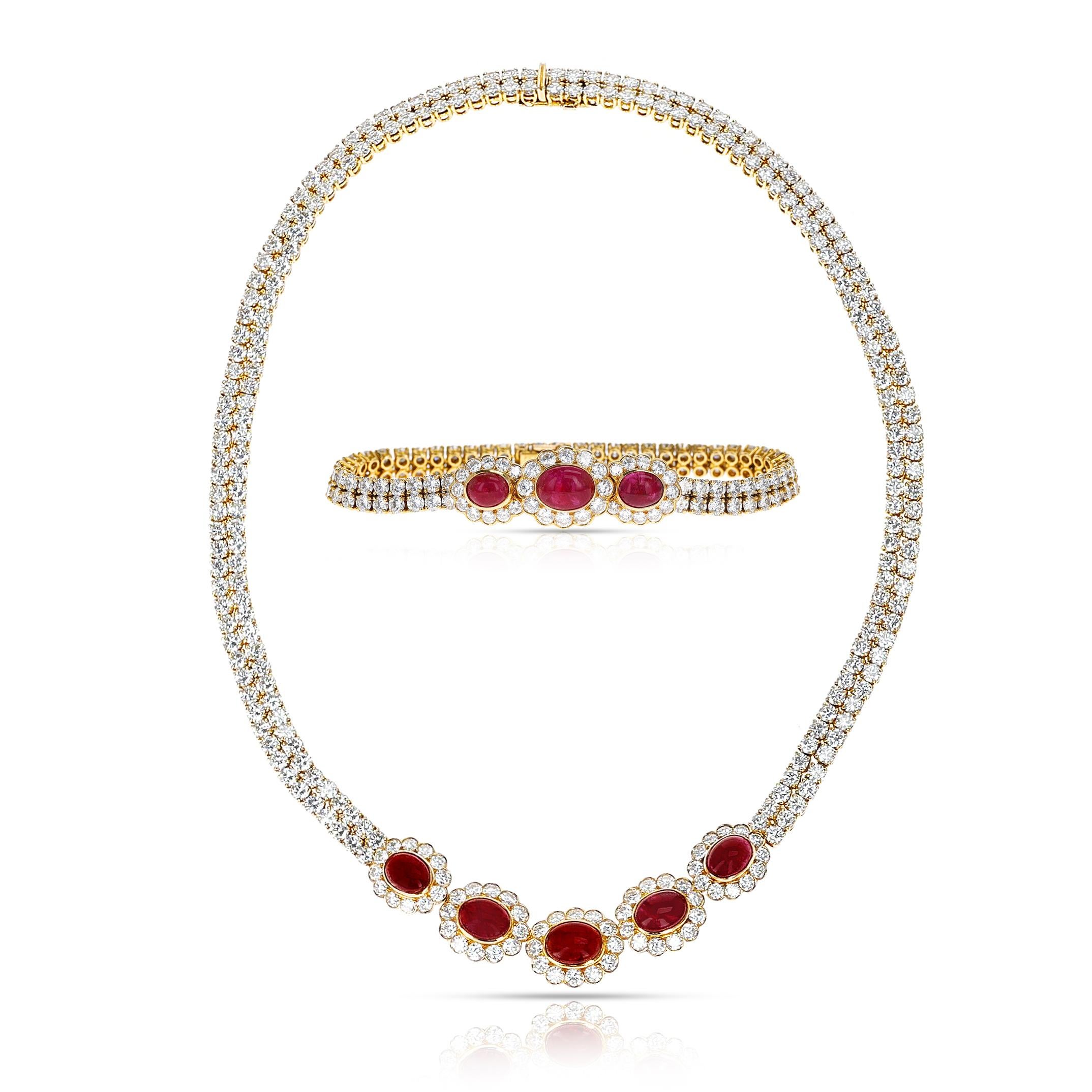 Van Cleef & Arpels Ruby Cabochon and Diamond Bracelet and Necklace Set, 18k For Sale 2