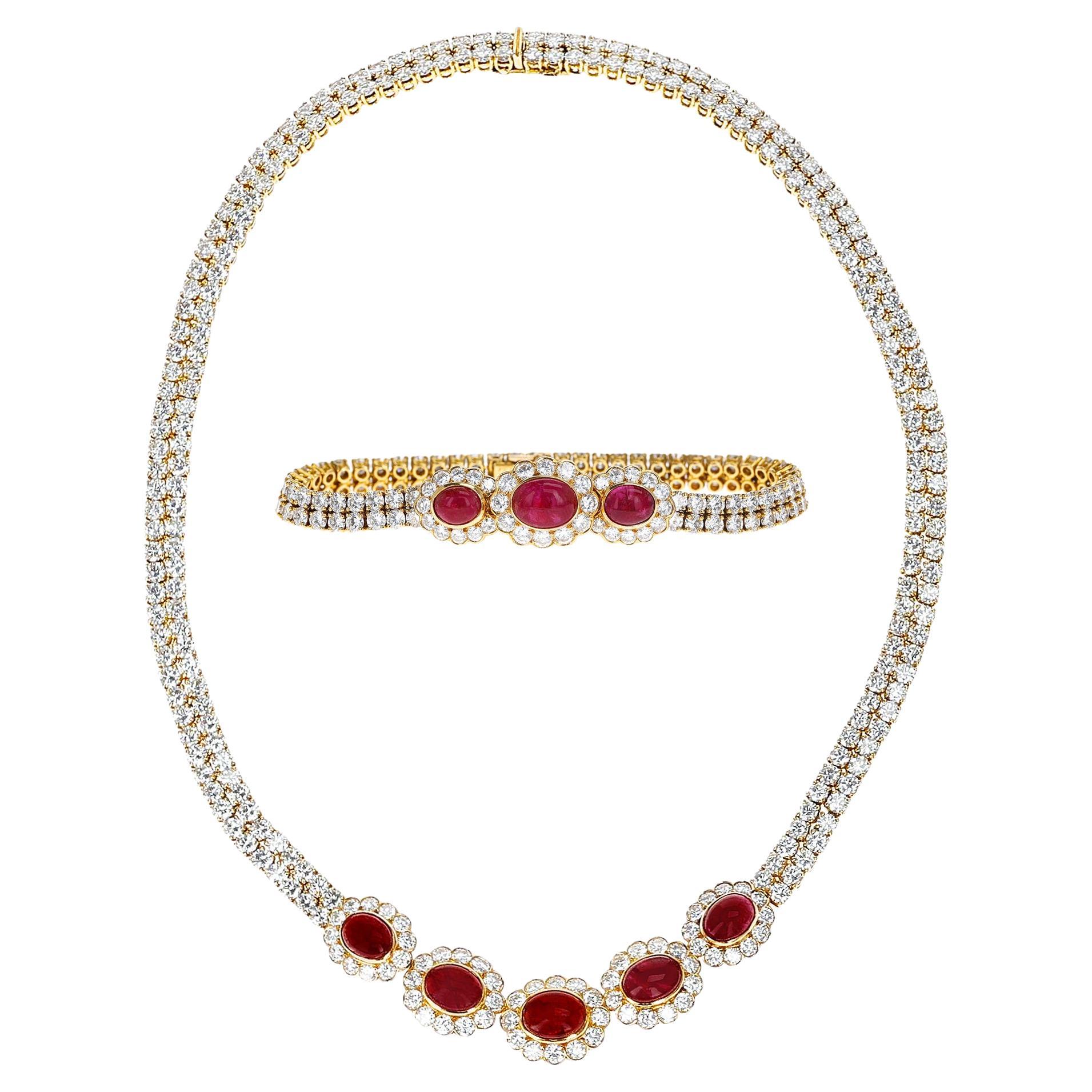 Van Cleef & Arpels Ruby Cabochon and Diamond Bracelet and Necklace Set, 18k For Sale