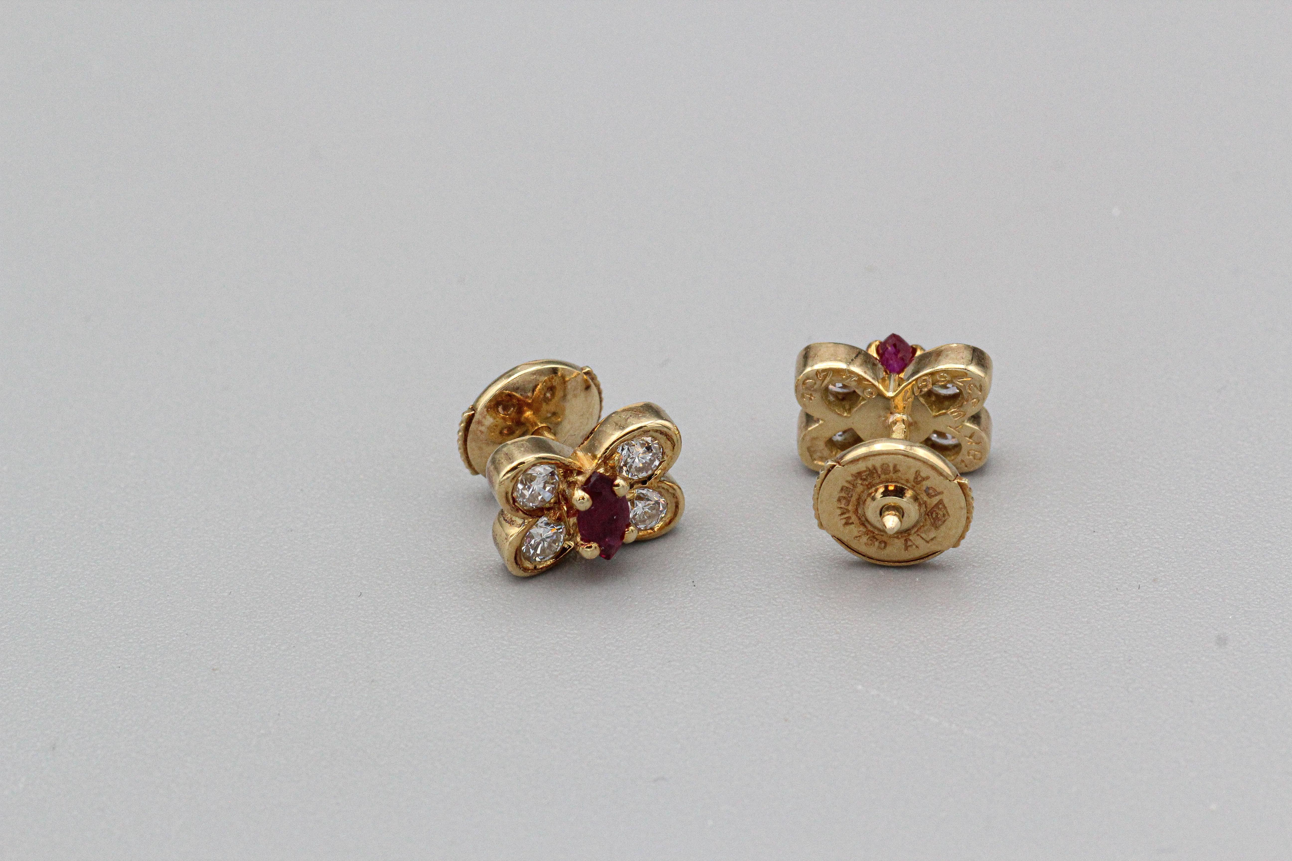 Marquise Cut Van Cleef & Arpels Ruby Diamond 18k Yellow Gold Butterfly Stud Earrings