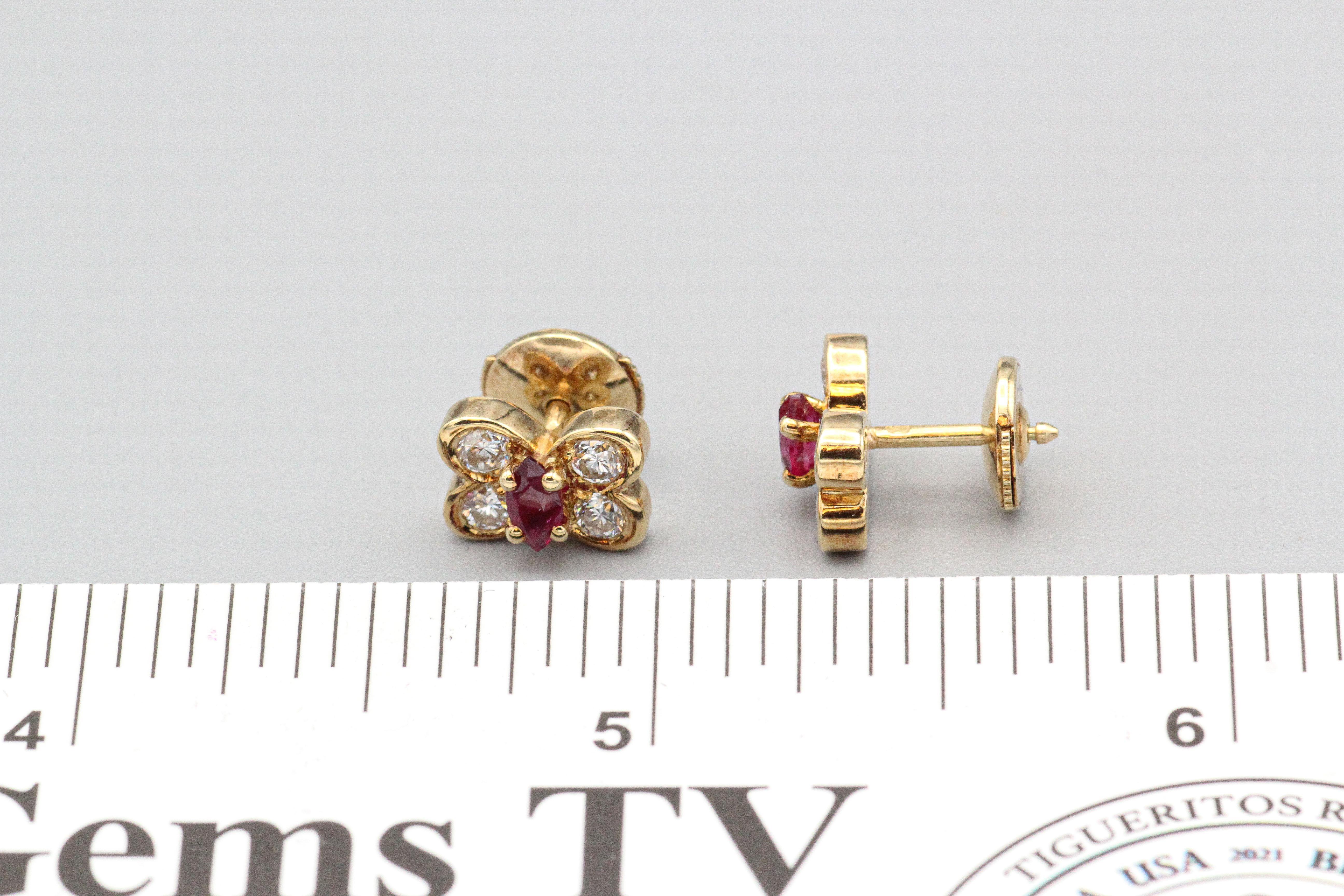 Van Cleef & Arpels Ruby Diamond 18k Yellow Gold Butterfly Stud Earrings In Good Condition In Bellmore, NY