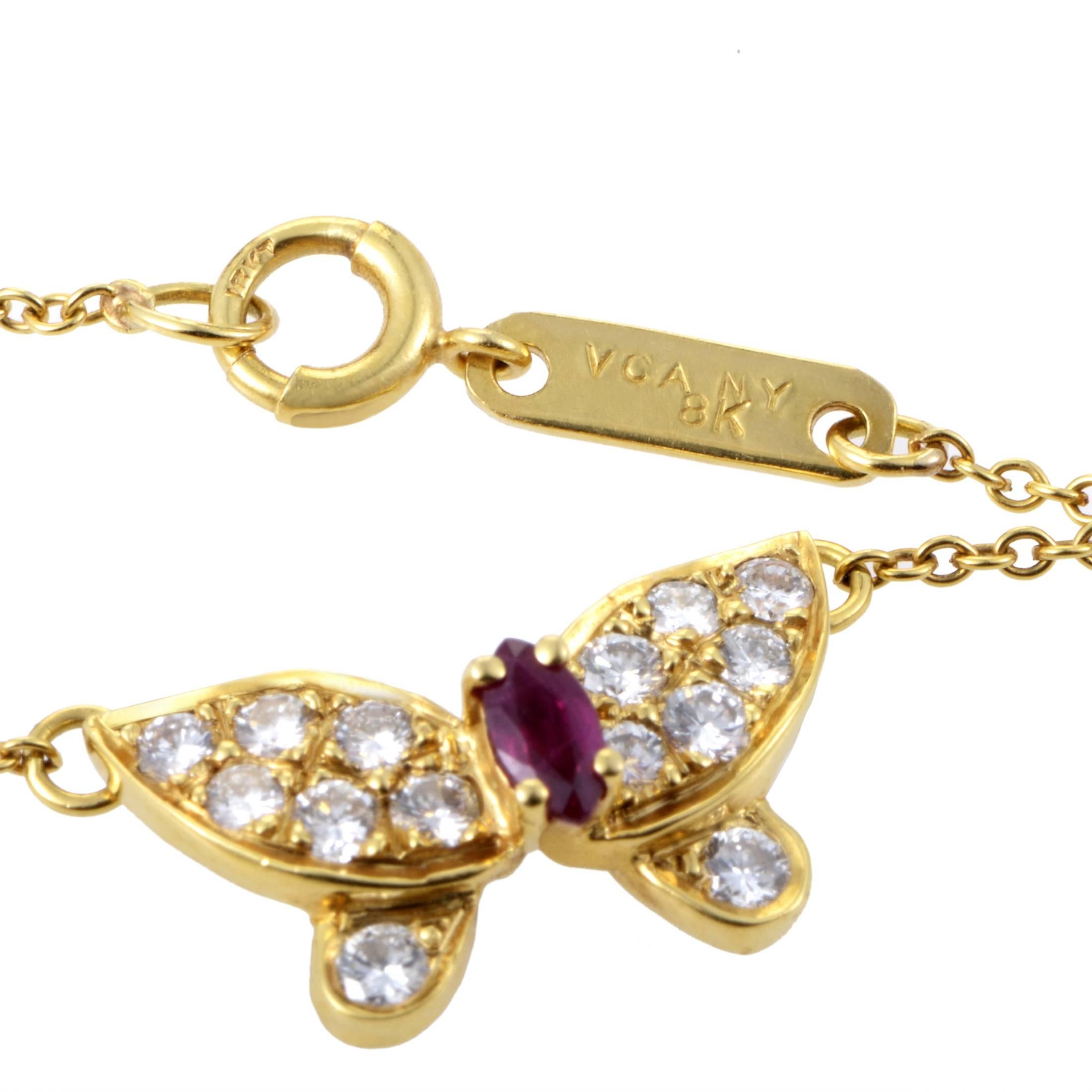 Van Cleef & Arpels Ruby Diamond Gold Butterfly Pendant Necklace In Excellent Condition In Southampton, PA