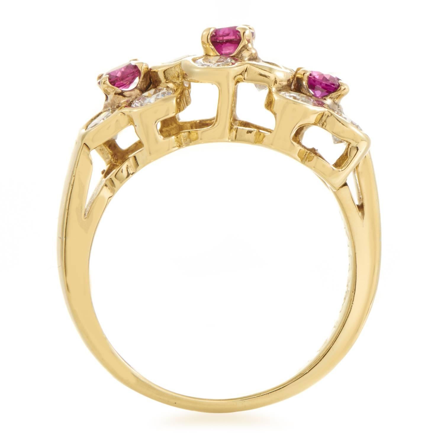 A precious blend of romantic rubies totaling 0.50ct and resplendent diamonds amounting to 0.70ct is arranged in a seemingly chaotic manner in this astonishing ring from Van Cleef & Arpels made of enchanting 18K yellow gold.
Ring Size: 4.25 (47