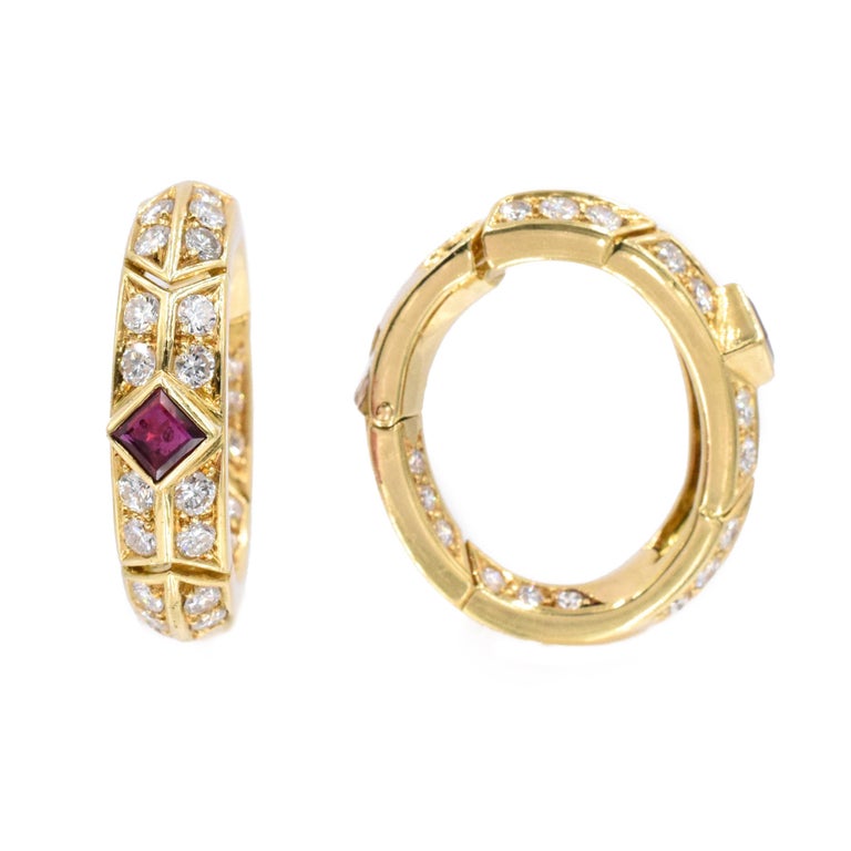 Van Cleef and Arpels Ruby Diamond Gold Hoop Earrings For Sale at 1stDibs
