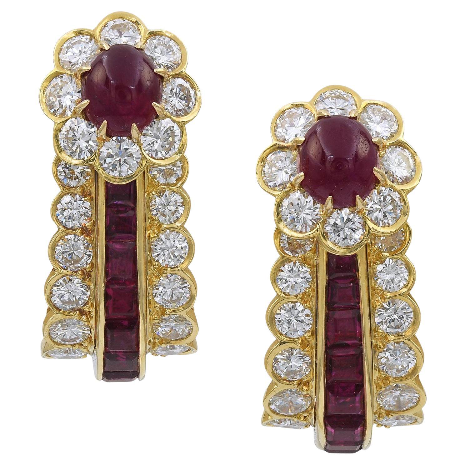 Van Cleef & Arpels Ruby Diamond Halo Button Drop Earrings