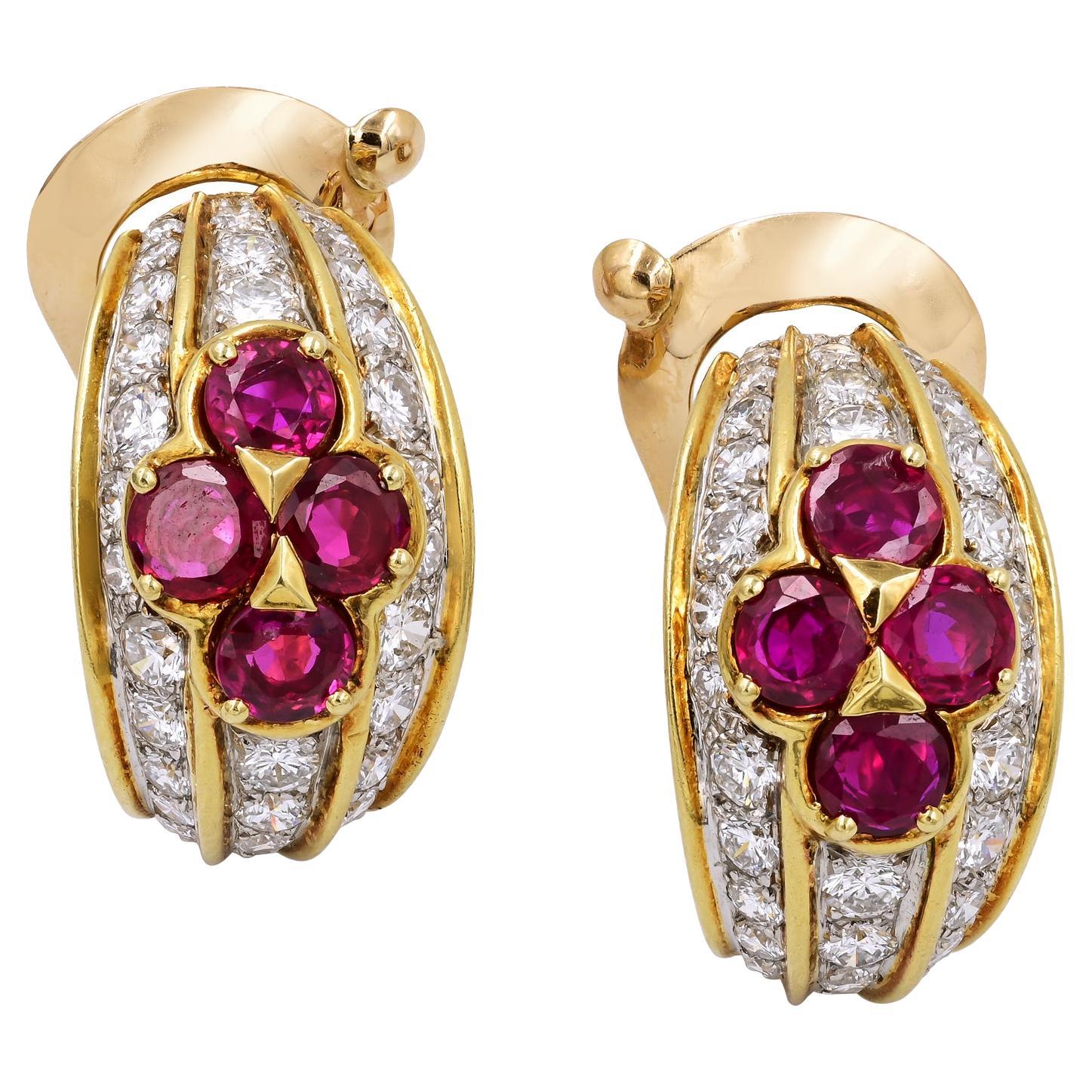 Van Cleef & Arpels Vintage Ruby Diamond 'Huggie' Earrings, circa 1970 For Sale