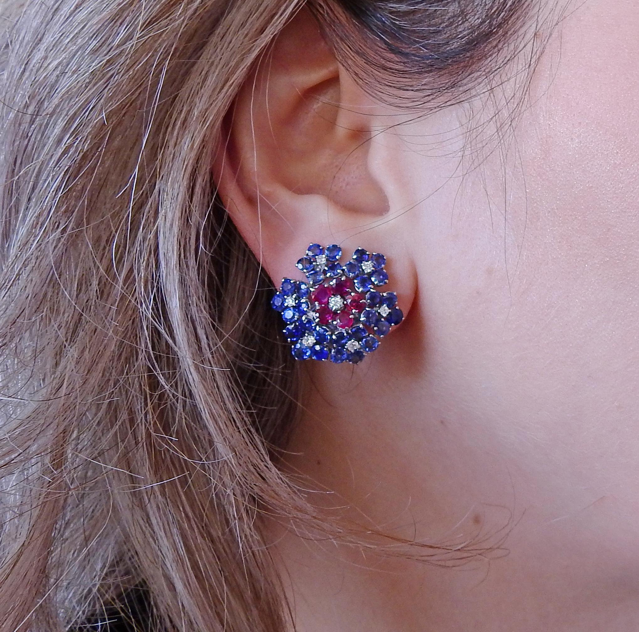 Women's or Men's Van Cleef & Arpels Ruby Diamond Sapphire Flower Earrings Clip Set