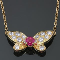 Van Cleef & Arpels Ruby Diamond Yellow Gold Butterfly Necklace 1990s