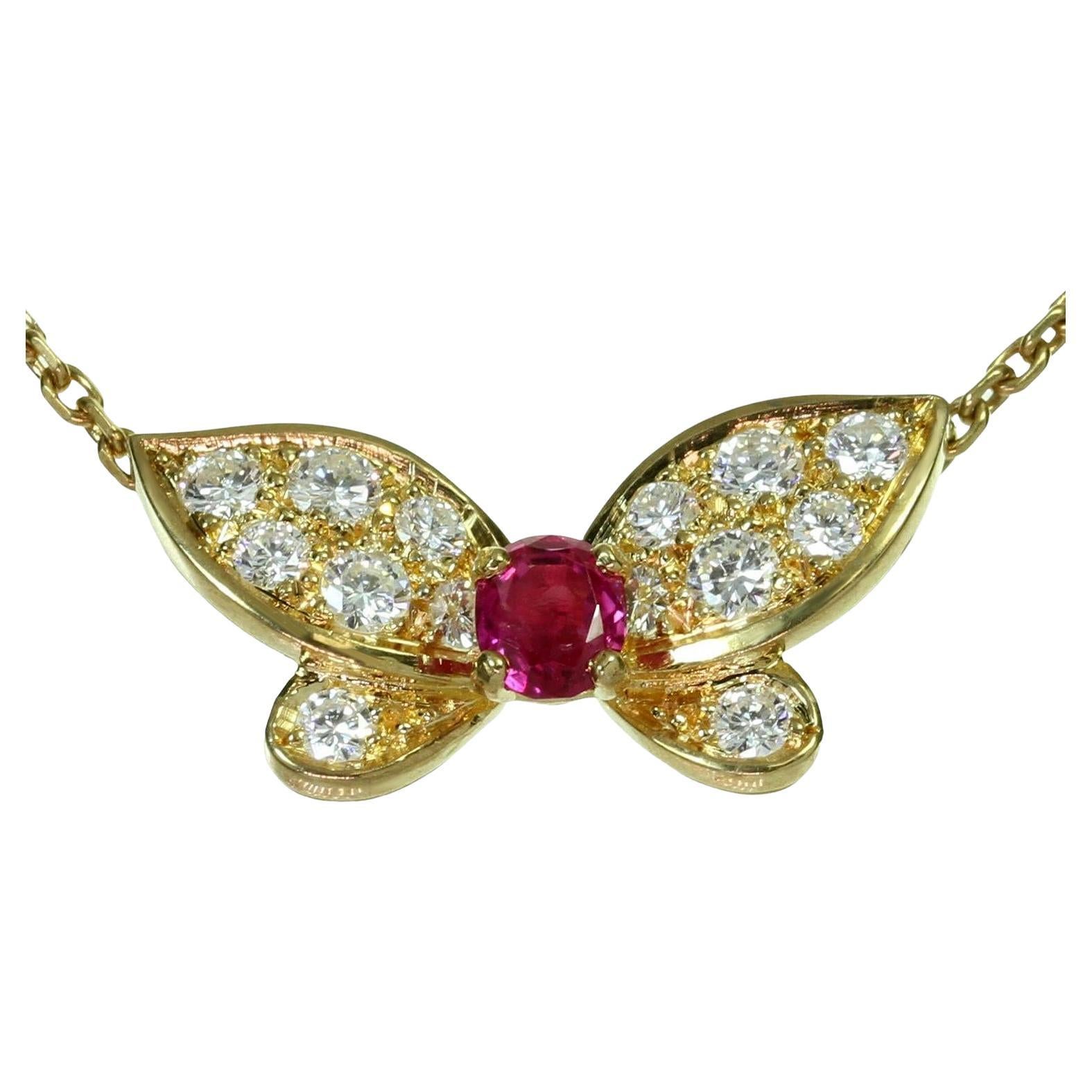 Van Cleef & Arpels Ruby Diamond Yellow Gold Butterfly Necklace 1990s For Sale