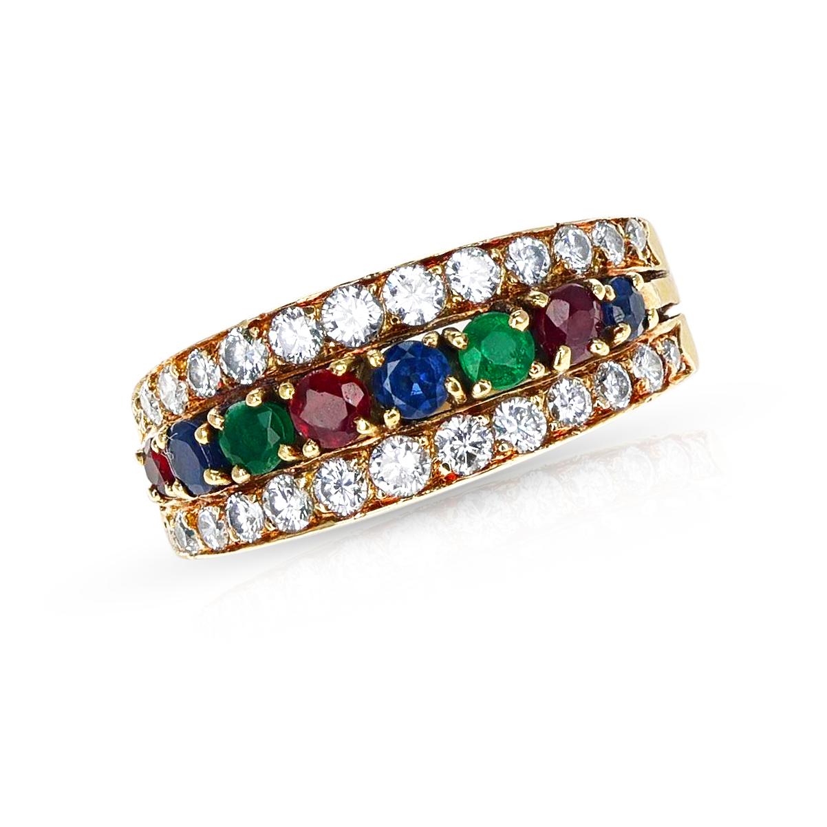 Round Cut Van Cleef & Arpels Ruby, Emerald, Sapphire and Diamond Ring, 18k