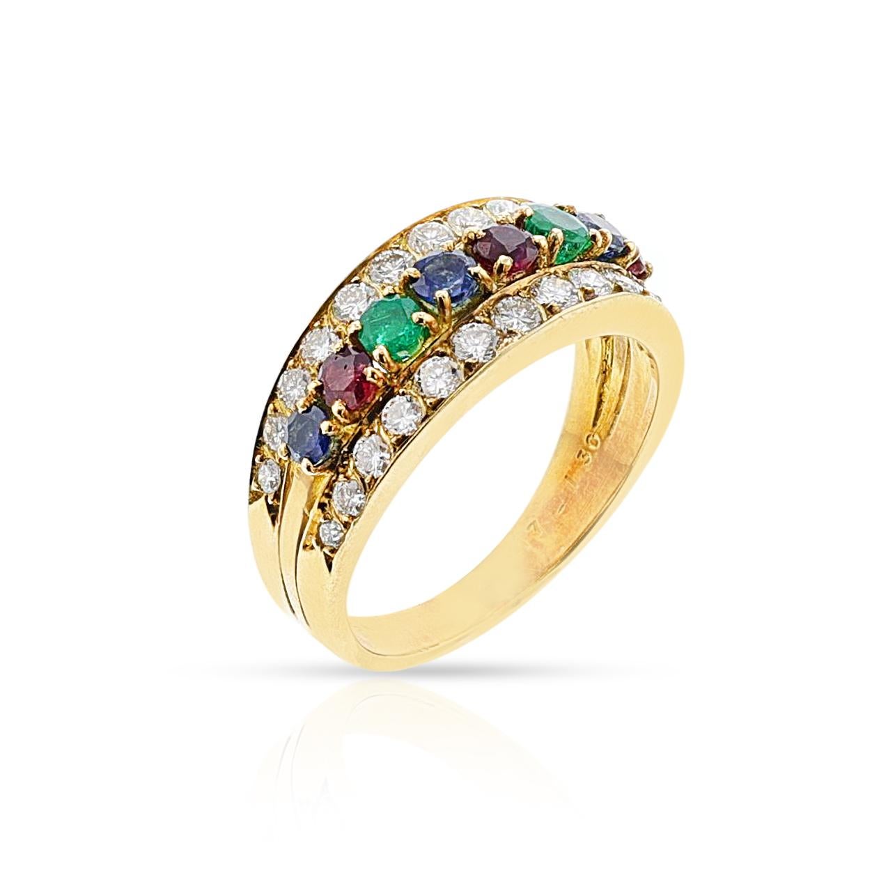 Van Cleef & Arpels Ring mit Rubin, Smaragd, Saphir und Diamant, 18 Karat (Rundschliff)