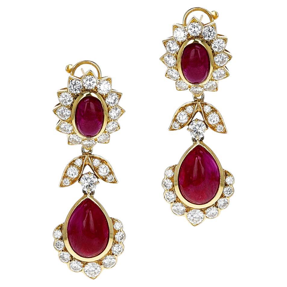 Van Cleef & Arpels Ruby Oval and Pear Cabochon Dangling Earrings with Diamonds For Sale