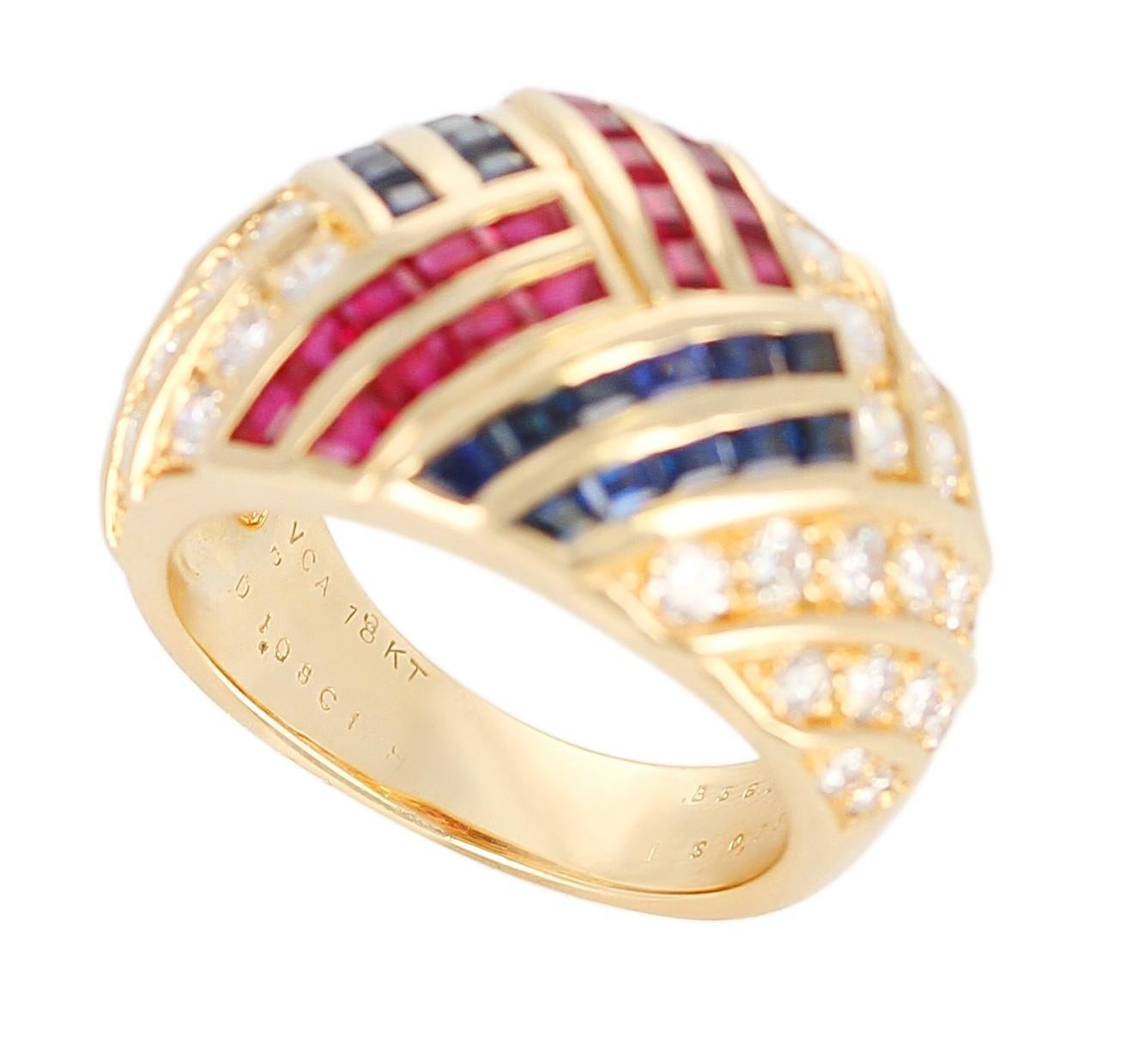Women's or Men's Van Cleef & Arpels Ruby, Sapphire, and Diamond Cocktail Ring, 18 Karat Gold