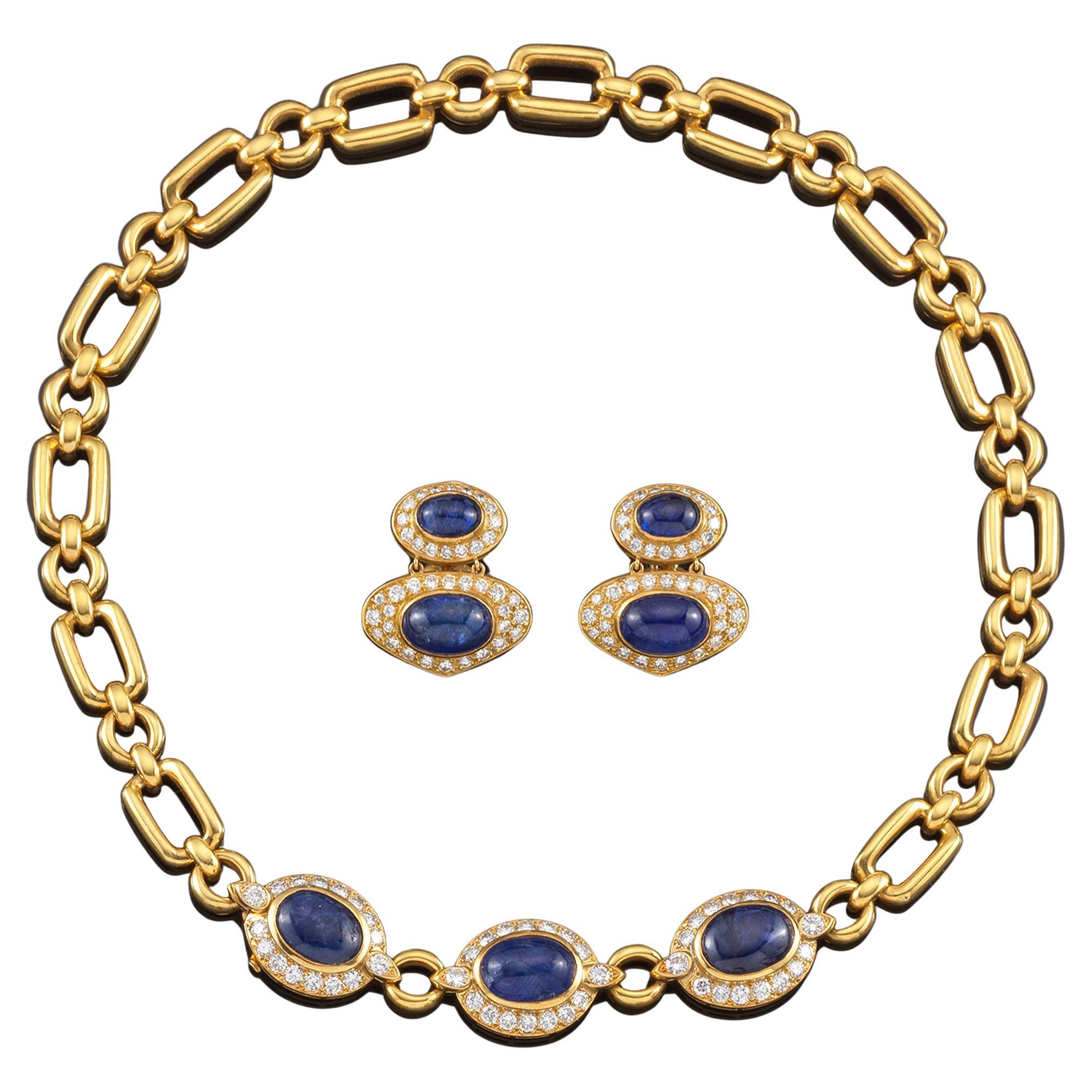 Van Cleef & Arpels Saphire Diamonds  and Yellow Gold Necklace and Earring Parure