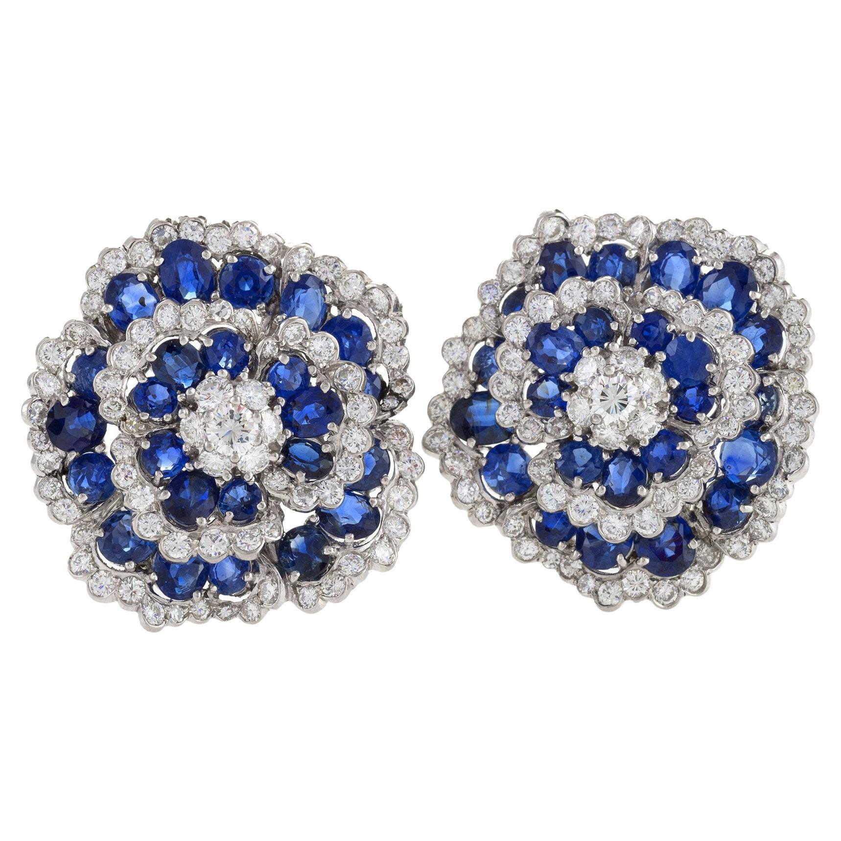 Van Cleef & Arpels Sapphire and Diamond "Camellia" Earrings  For Sale