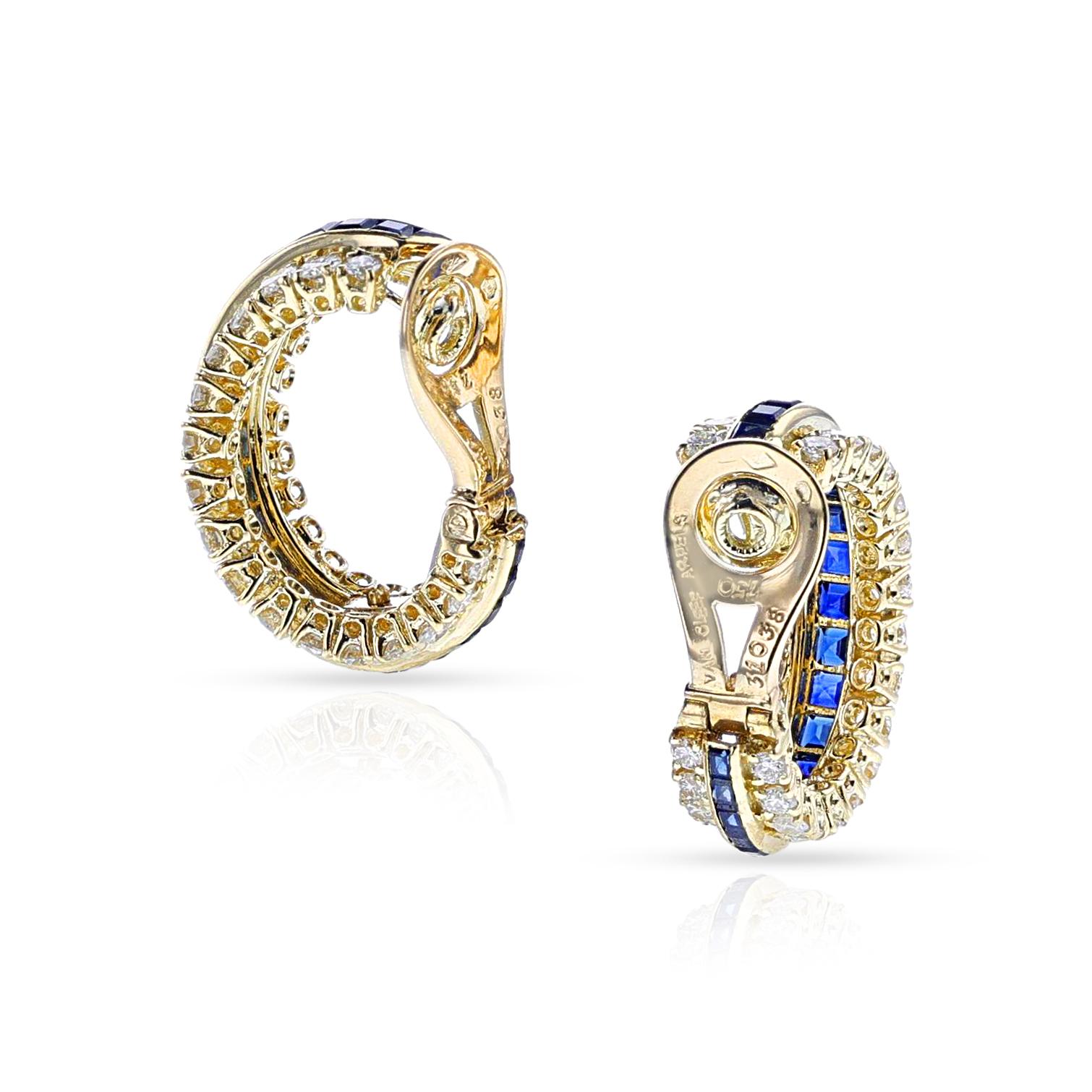 Van Cleef & Arpels Sapphire and Diamond Half Hoop Earrings, 18k In Excellent Condition For Sale In New York, NY