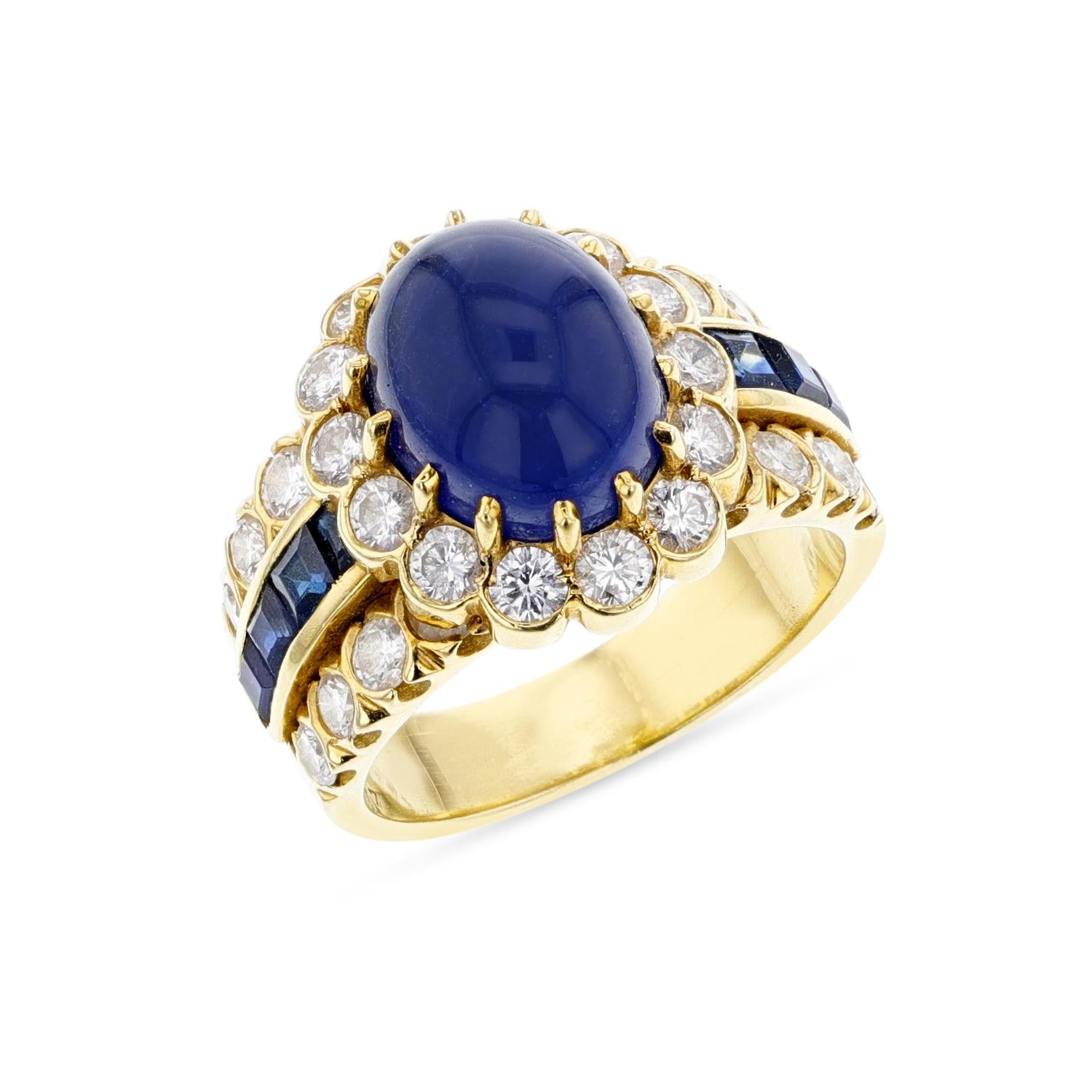An elegant sapphire and diamond gold ring by Van Cleef & Arpels. The ring is set with a natural sapphire (weighing approximately 5 carats and measuring 10.50 x 8.50 mm), which is accented with a cluster of round brilliant-cut diamonds (weighing