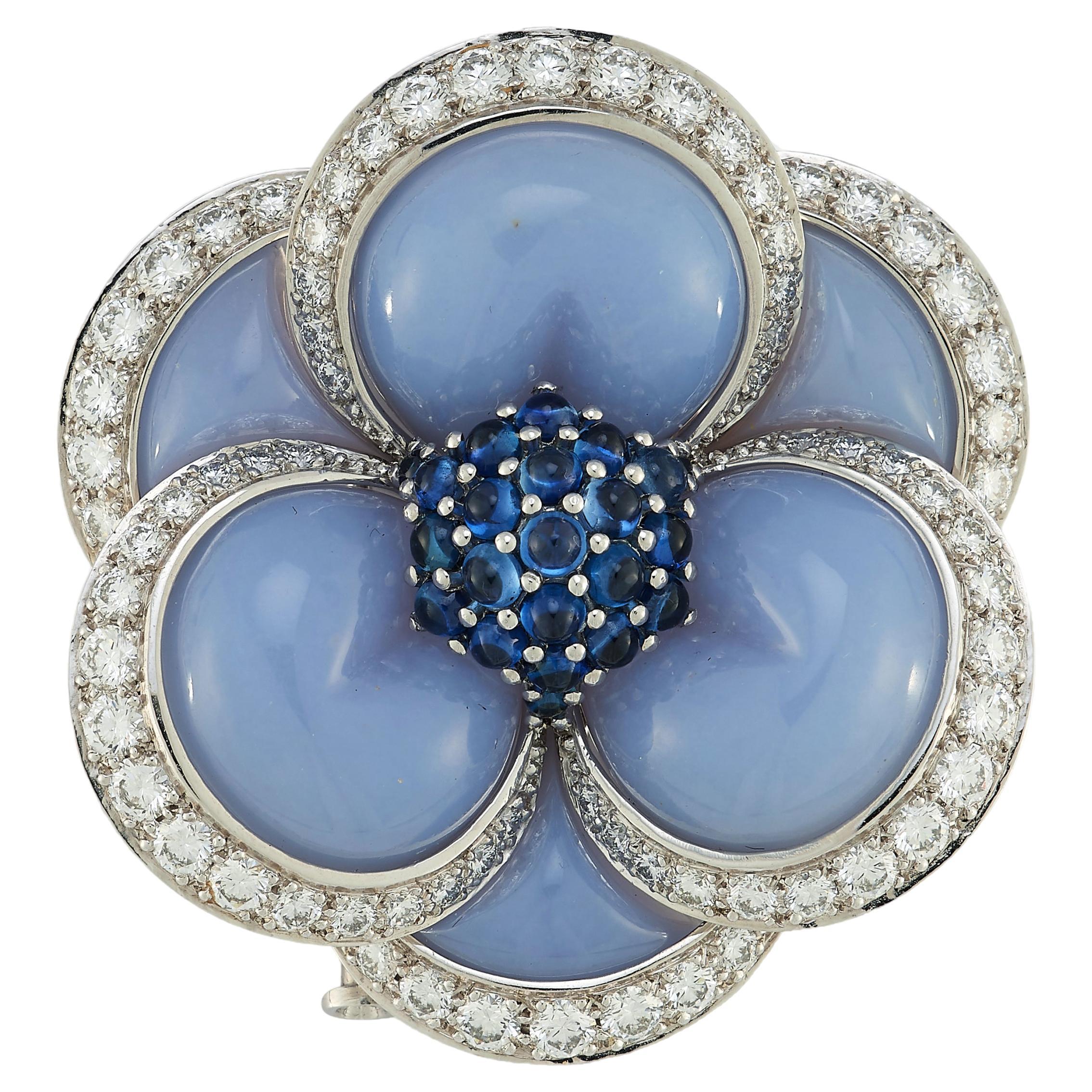 Van Cleef & Arpels Sapphire & Chalcedony Flower Brooch For Sale