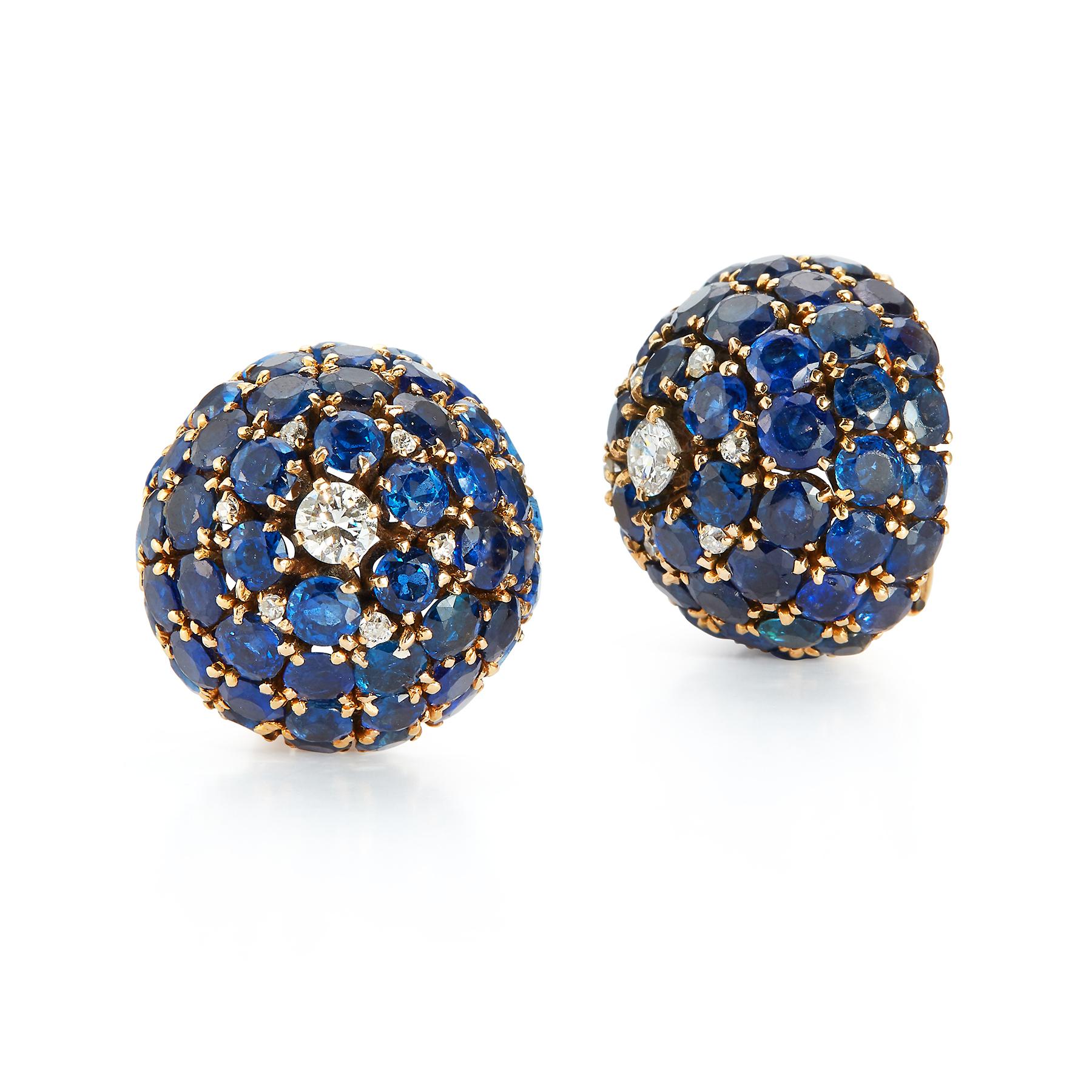Van Cleef & Arpels Sapphire & Diamond Dome Earrings a round cut diamond surrounded by round cut sapphires all set in 18k yellow gold 

Measurements: .50