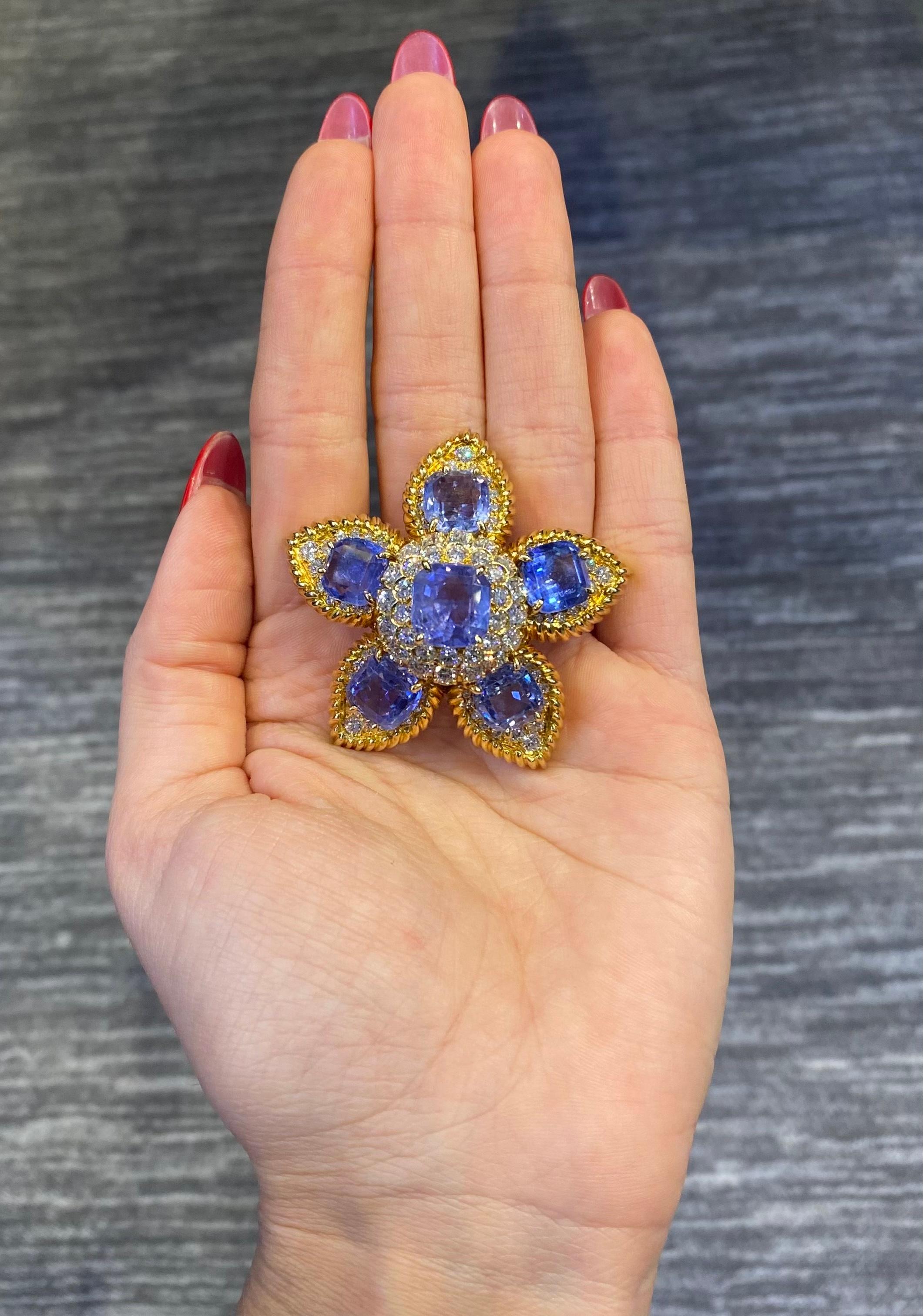 Cushion Cut Van Cleef & Arpels Sapphire & Diamond Flower Brooch