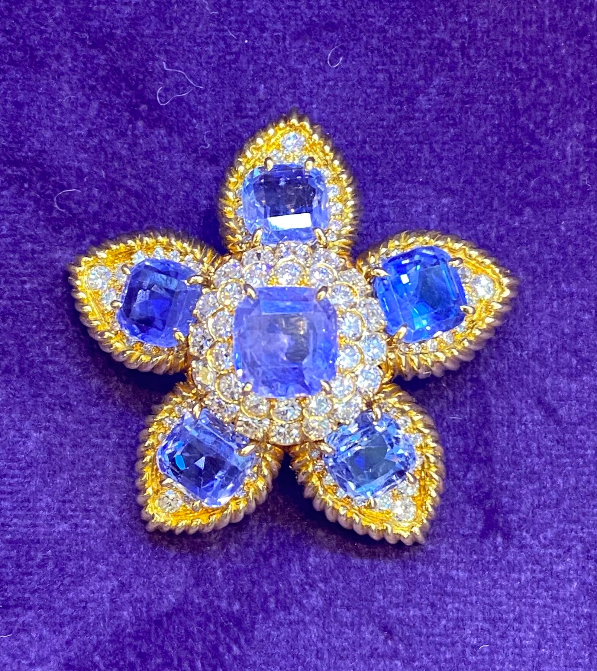Van Cleef & Arpels Sapphire & Diamond Flower Brooch In Excellent Condition In New York, NY