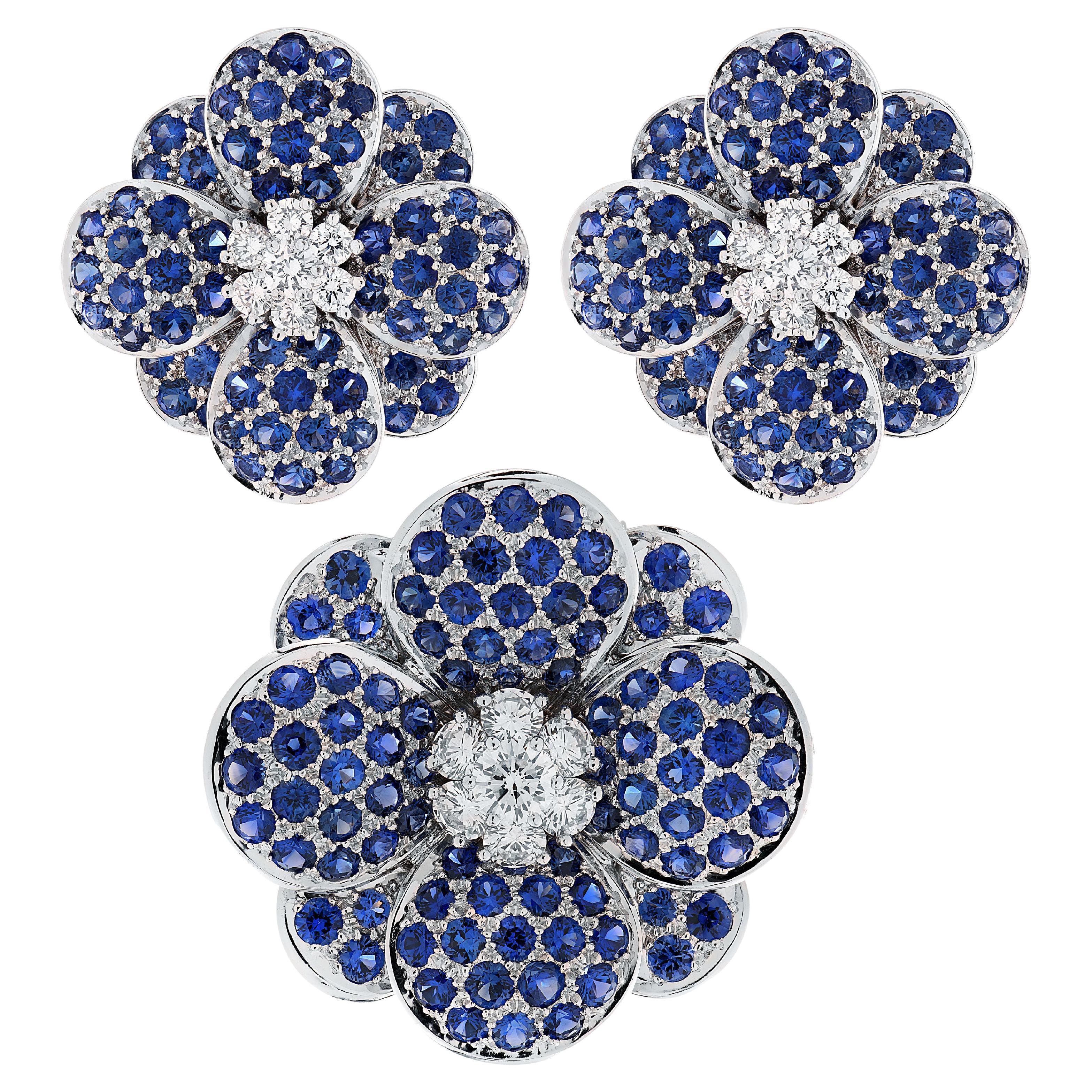 Van Cleef 
Arpels Sapphire 
Diamond Flower Earrings 
Brooch Suite For Sale