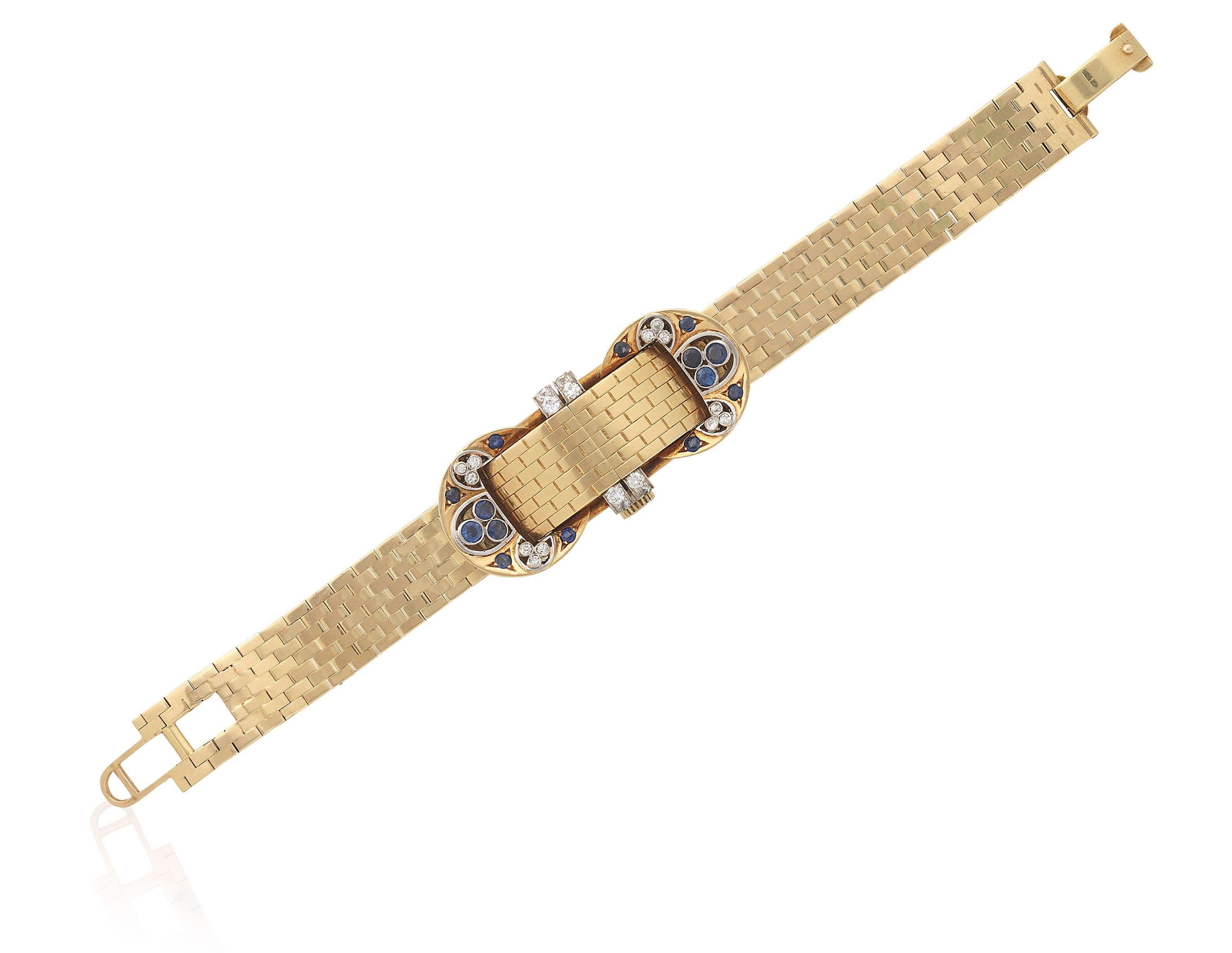 A chic retro mystery watch-bracelet by Van Cleef & Arpels in 18 karat yellow gold, embellished with round brilliant cut sapphires and old cut diamonds. The gold case opens to reveal a watch of manual movement. Made in New York, circa 1940.

Length