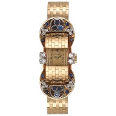 Van Cleef & Arpels Sapphire Diamond Yellow Gold Retro Mystery Watch-Bracelet