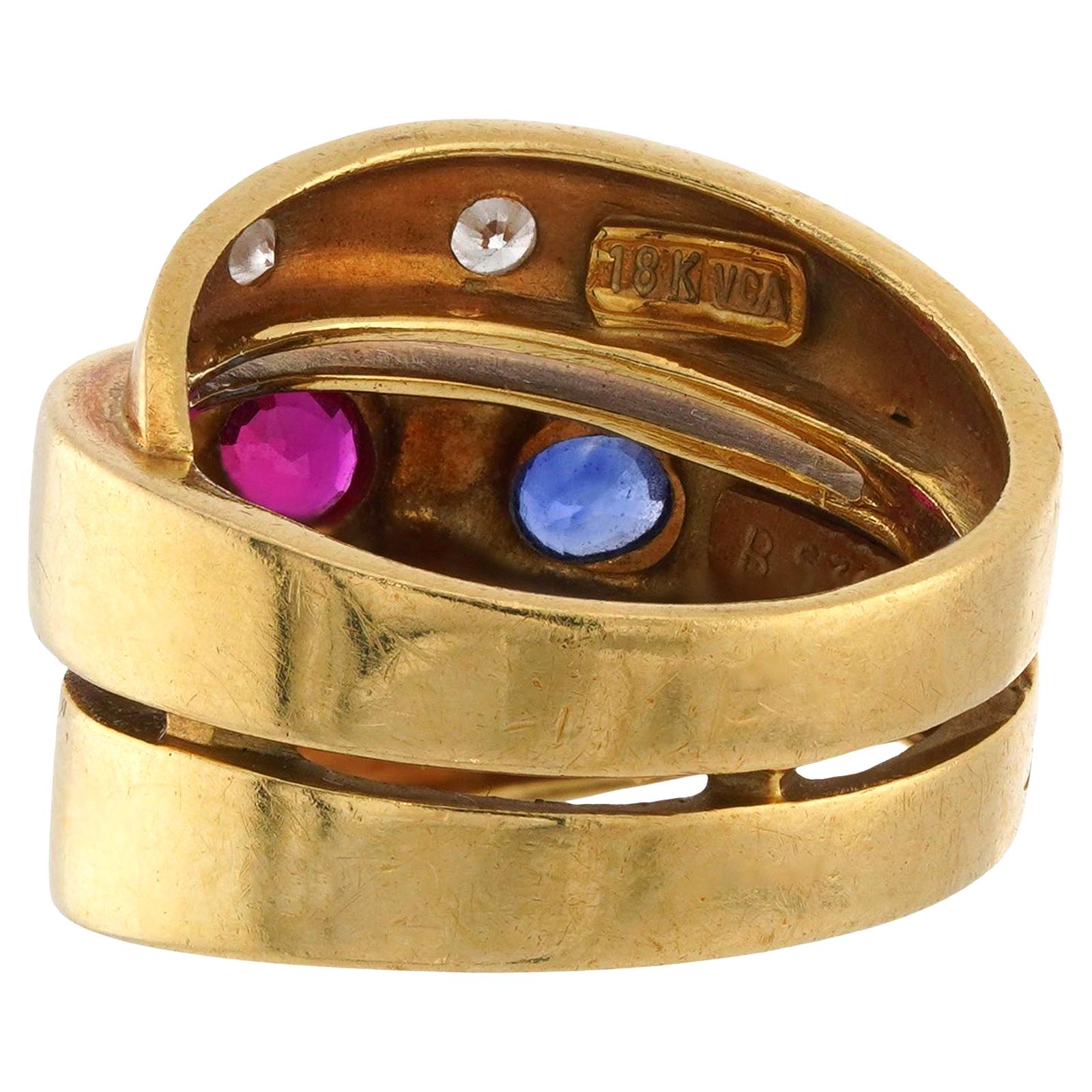 VAN CLEEF & ARPELS Sapphire Ruby Diamond Wide 18k Yellow Gold Ring In Good Condition For Sale In New York, NY