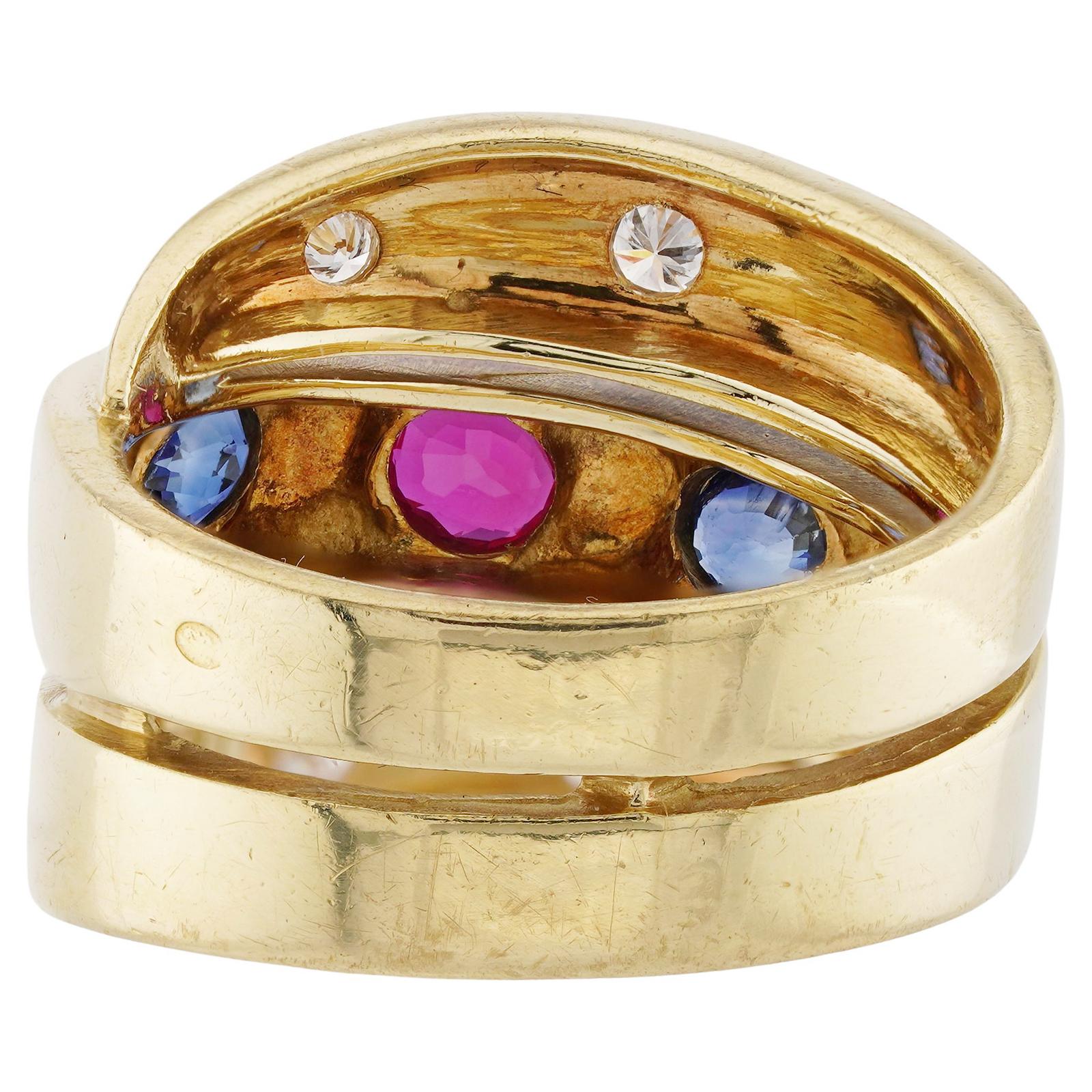 Women's VAN CLEEF & ARPELS Sapphire Ruby Diamond Wide 18k Yellow Gold Ring For Sale