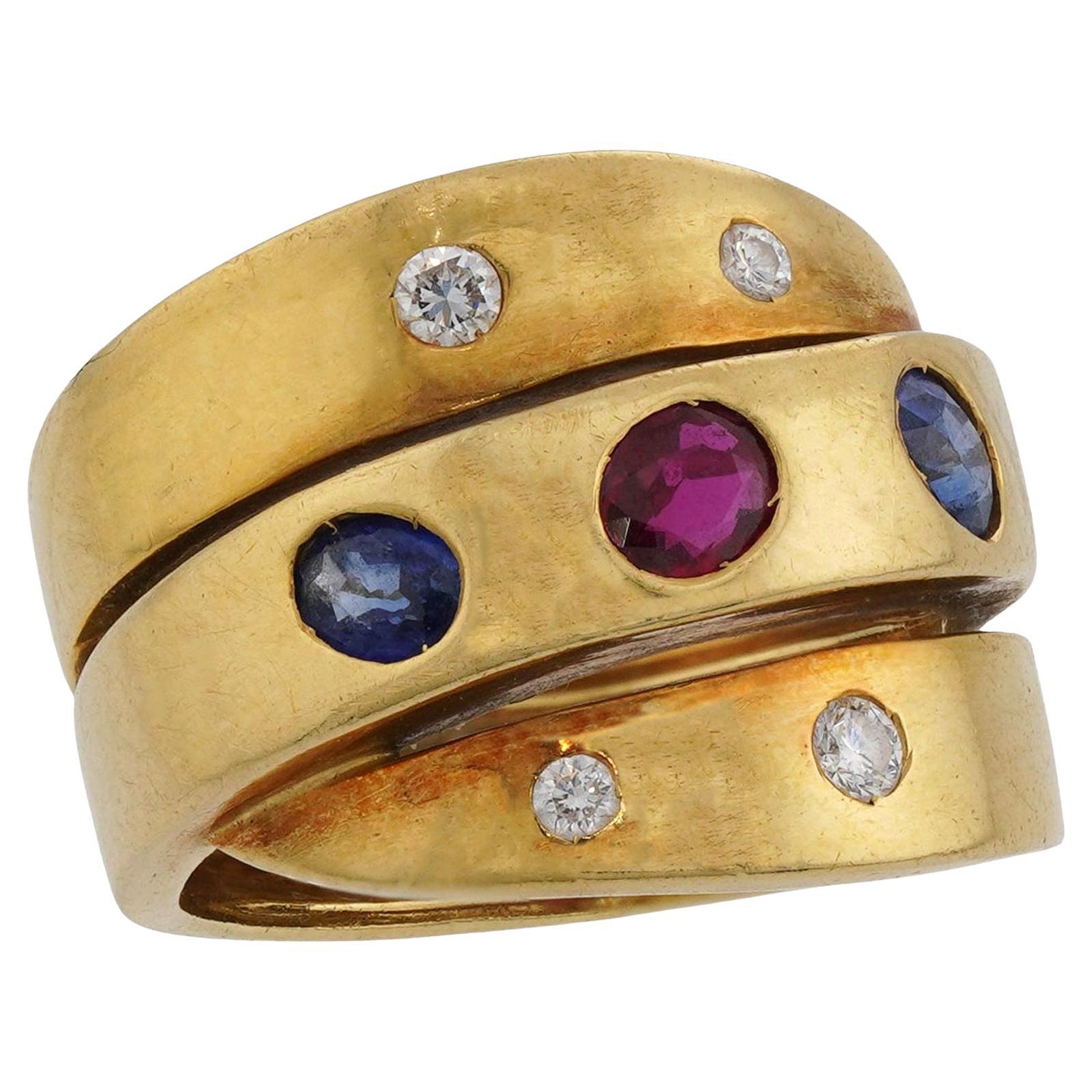 VAN CLEEF & ARPELS Sapphire Ruby Diamond Wide 18k Yellow Gold Ring