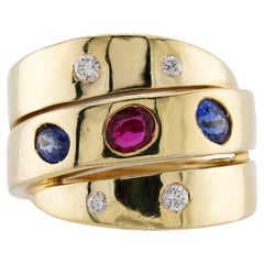 VAN CLEEF & ARPELS Sapphire Ruby Diamond Wide 18k Yellow Gold Ring
