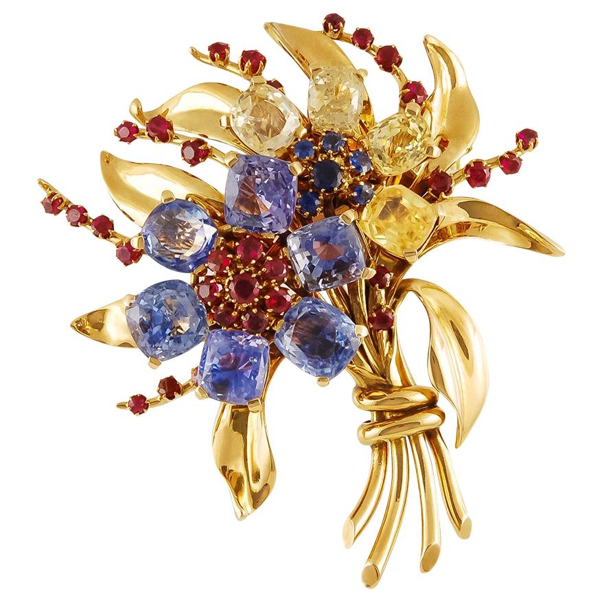 Van Cleef & Arpels Sapphire Ruby Gold Flower Brooch